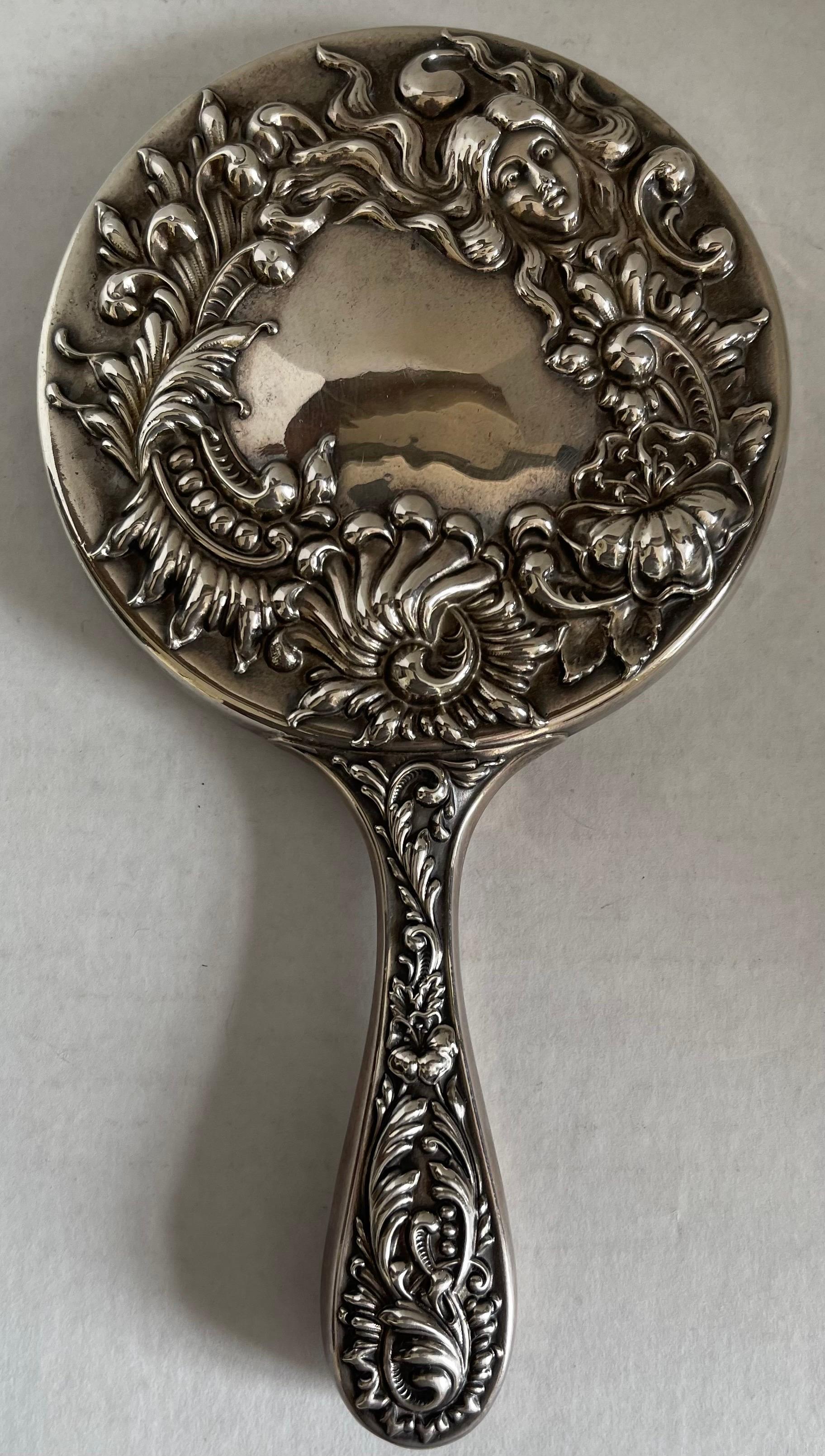 Repoussé Antique Sterling Silver Repoussè Hand Mirror For Sale