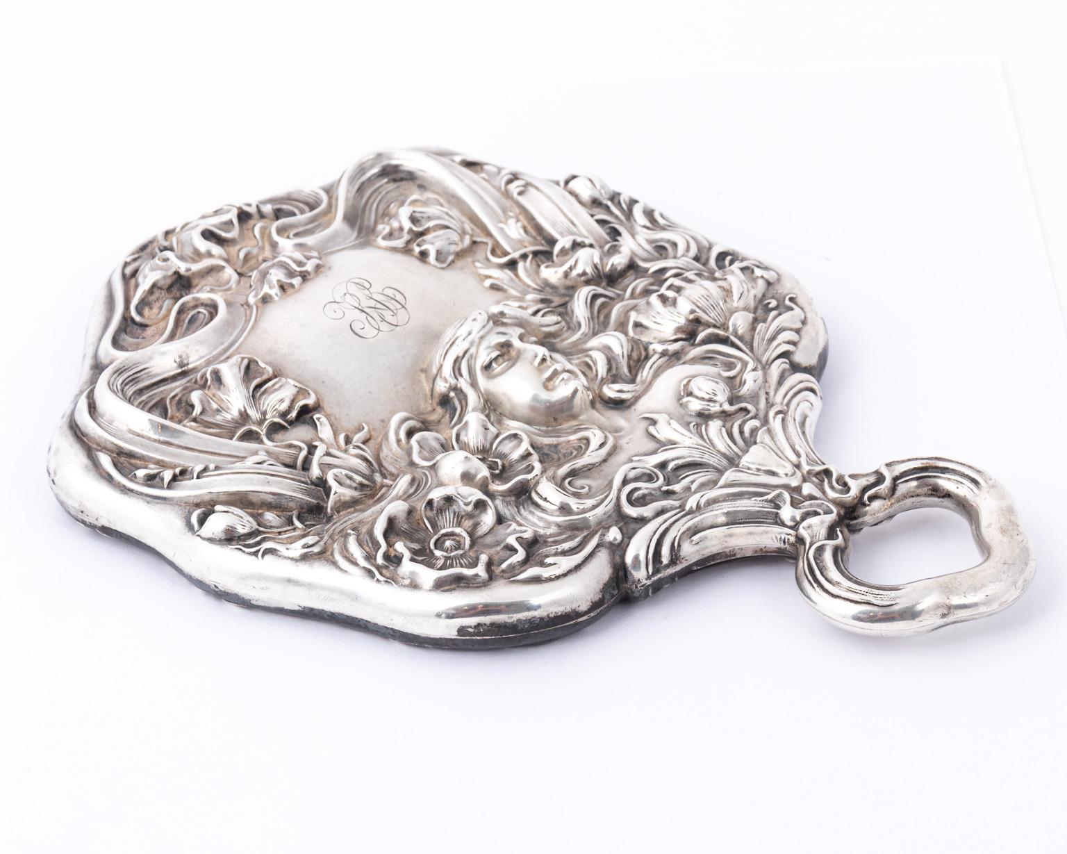 Art Nouveau Antique Sterling Silver Repousse Vanity Mirror