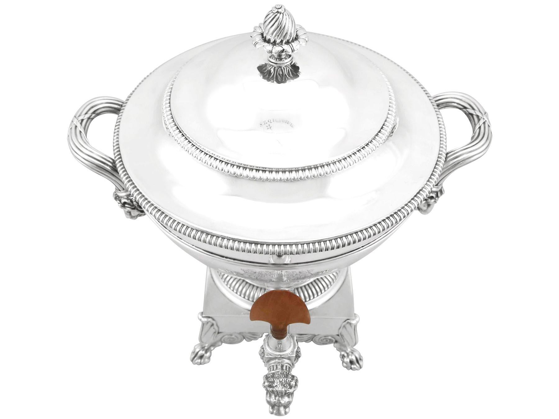 A magnificent, fine and impressive, antique George III English sterling silver samovar made by Paul Storr in the Regency style; an addition to our Georgian silver teaware collection.

This magnificent antique George III sterling silver samovar has