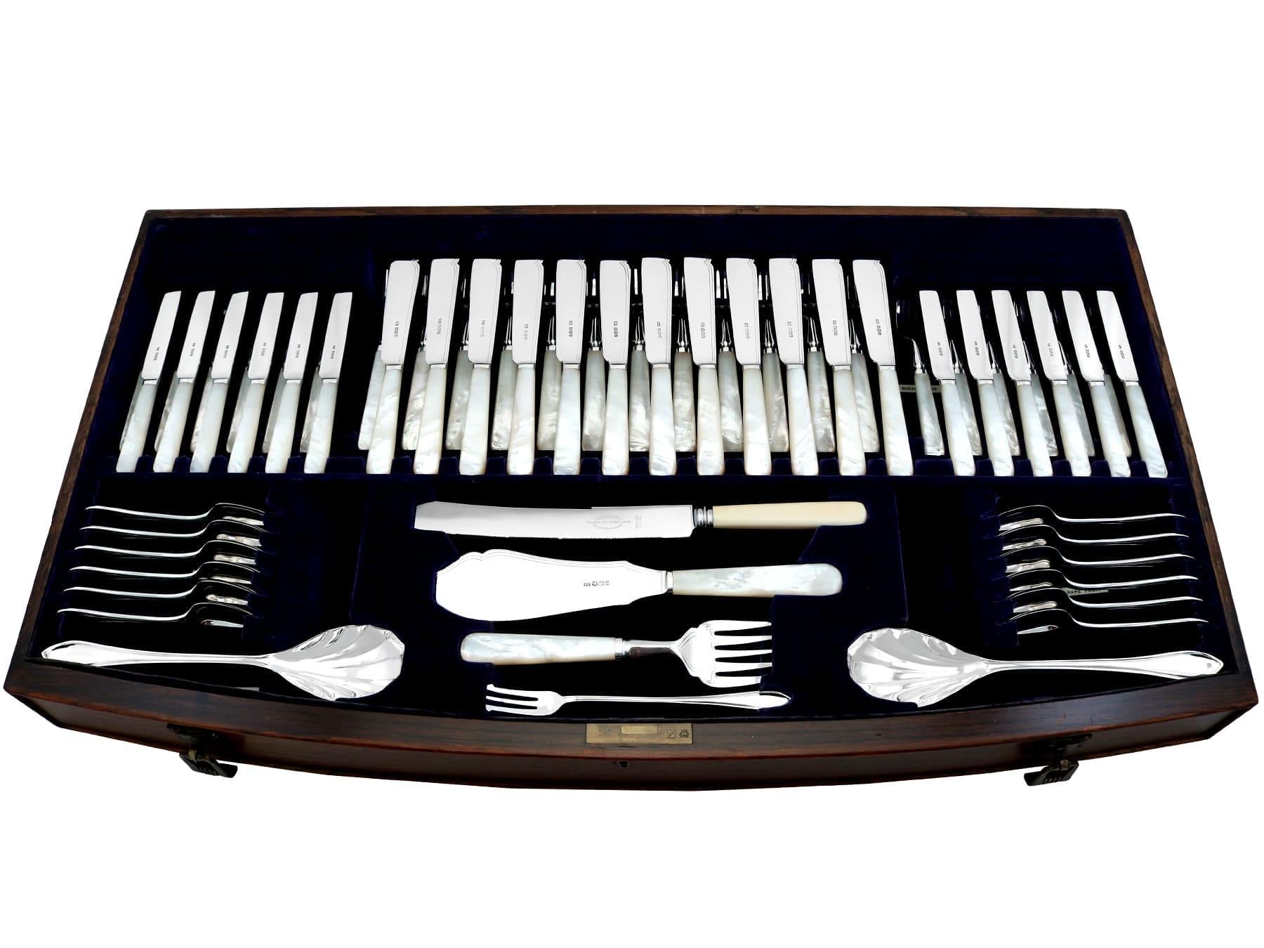English Antique Sterling Silver Sandringham Pattern Canteen of Cutlery for Twelve Person For Sale