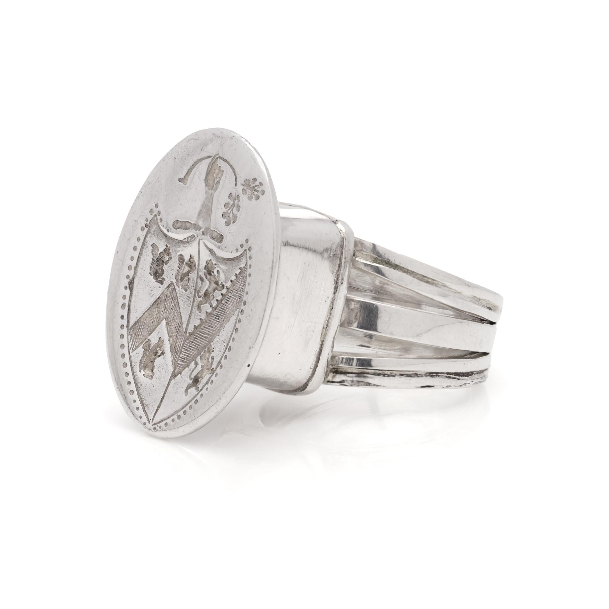 Men's Antique sterling silver seal ring with armorial coat of arms  For Sale