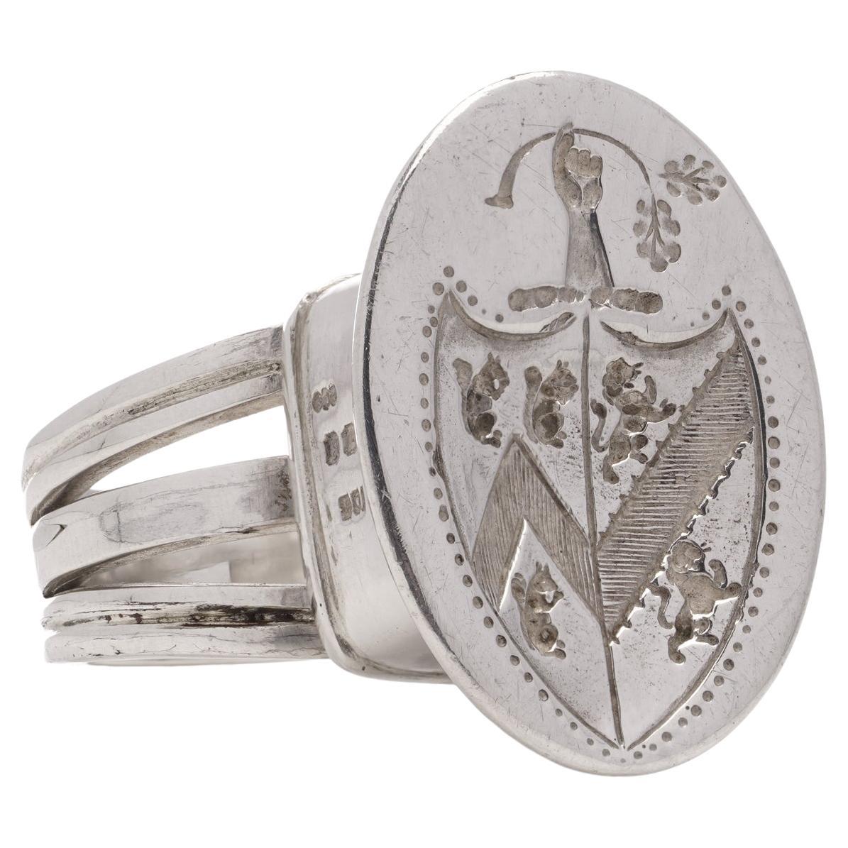 Antique sterling silver seal ring with armorial coat of arms  For Sale