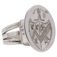 Antique sterling silver seal ring with armorial coat of arms 