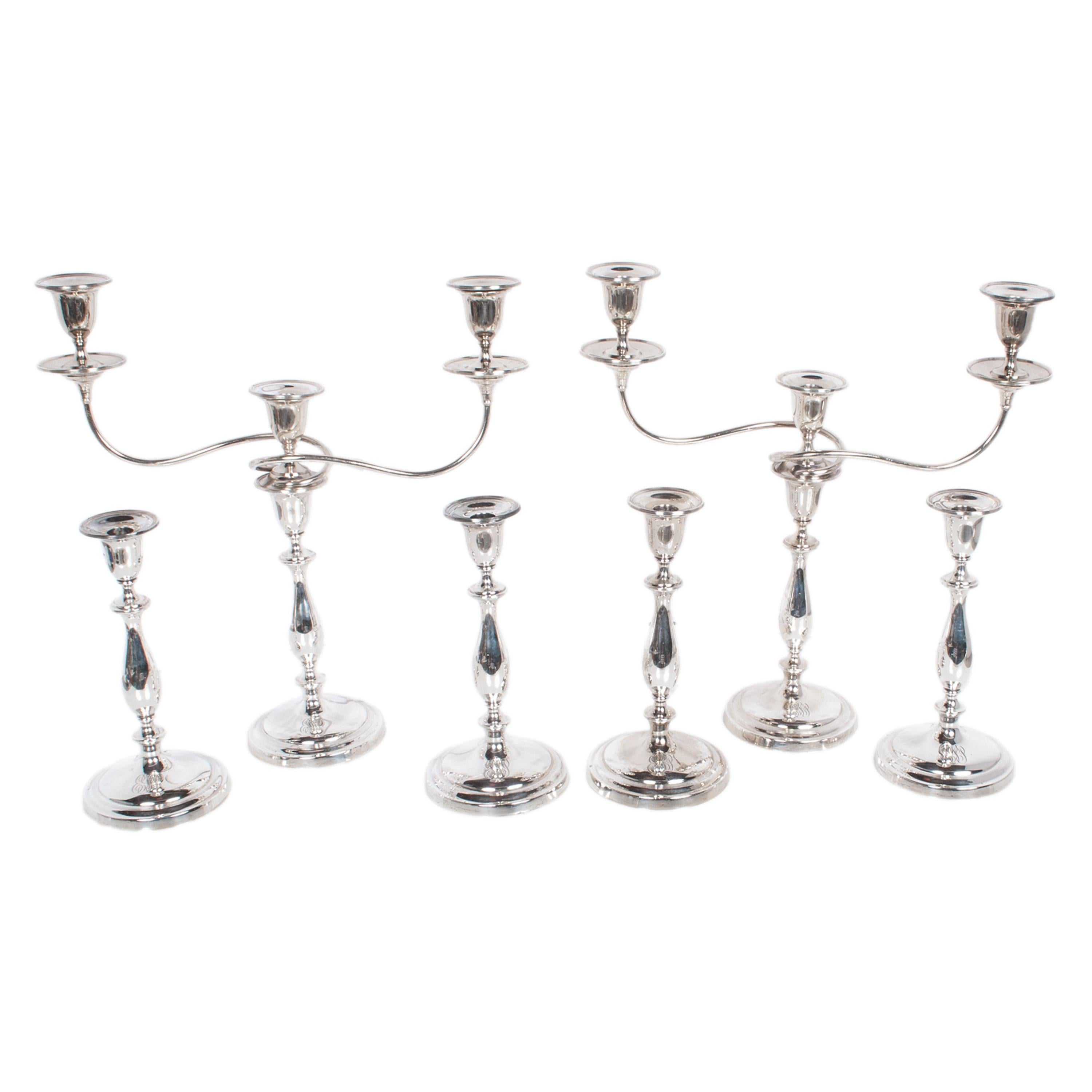 Art déco Antique Sterling Silver Set Six Candelarbra Candlesticks Ellis & Co London 1925 en vente