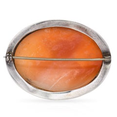 Antique Sterling Silver Shell Cameo Psyche and Eros Brooch