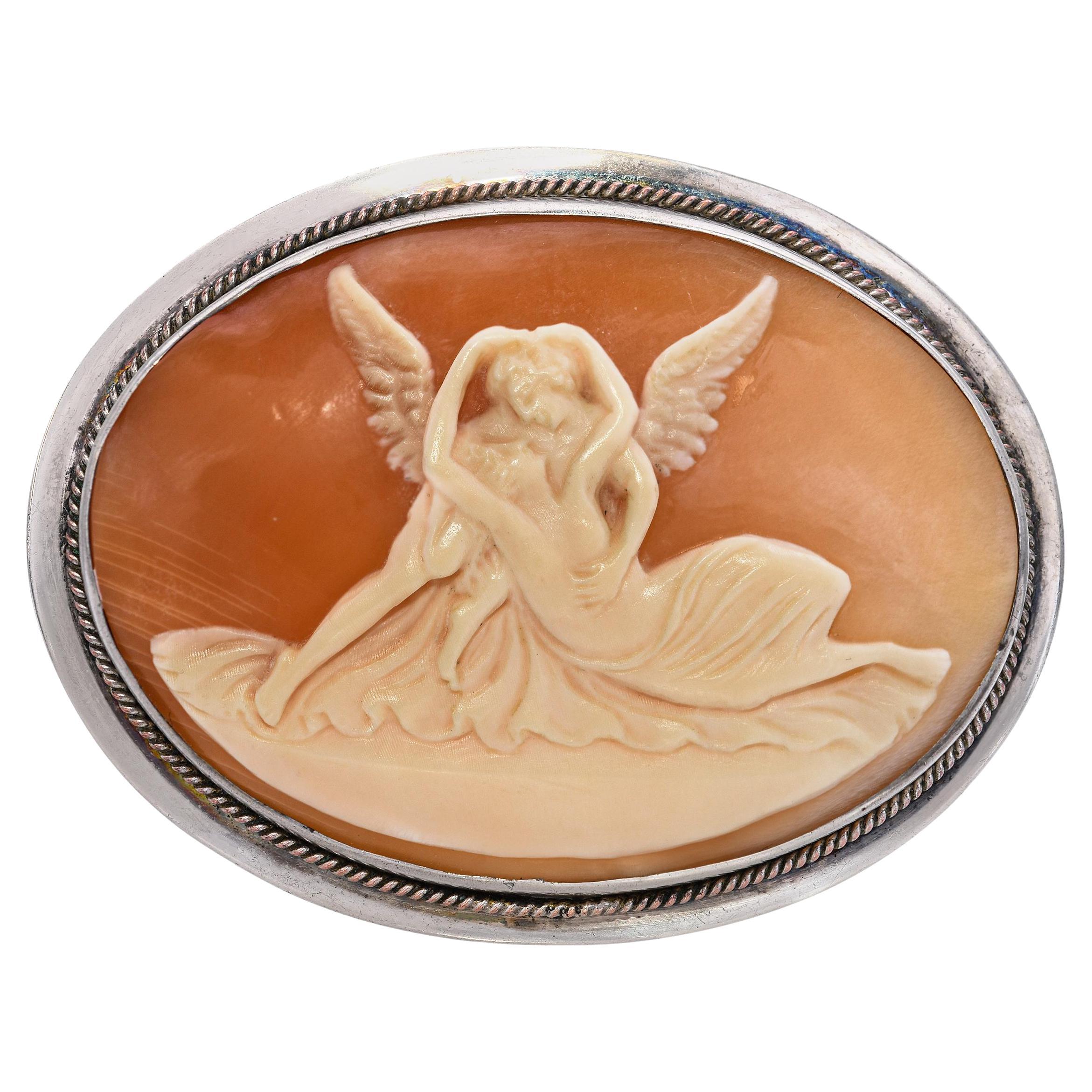 Spilla antica in argento sterling con cammeo a conchiglia Psiche ed Eros