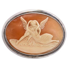 Antique Sterling Silver Shell Cameo Psyche and Eros Brooch