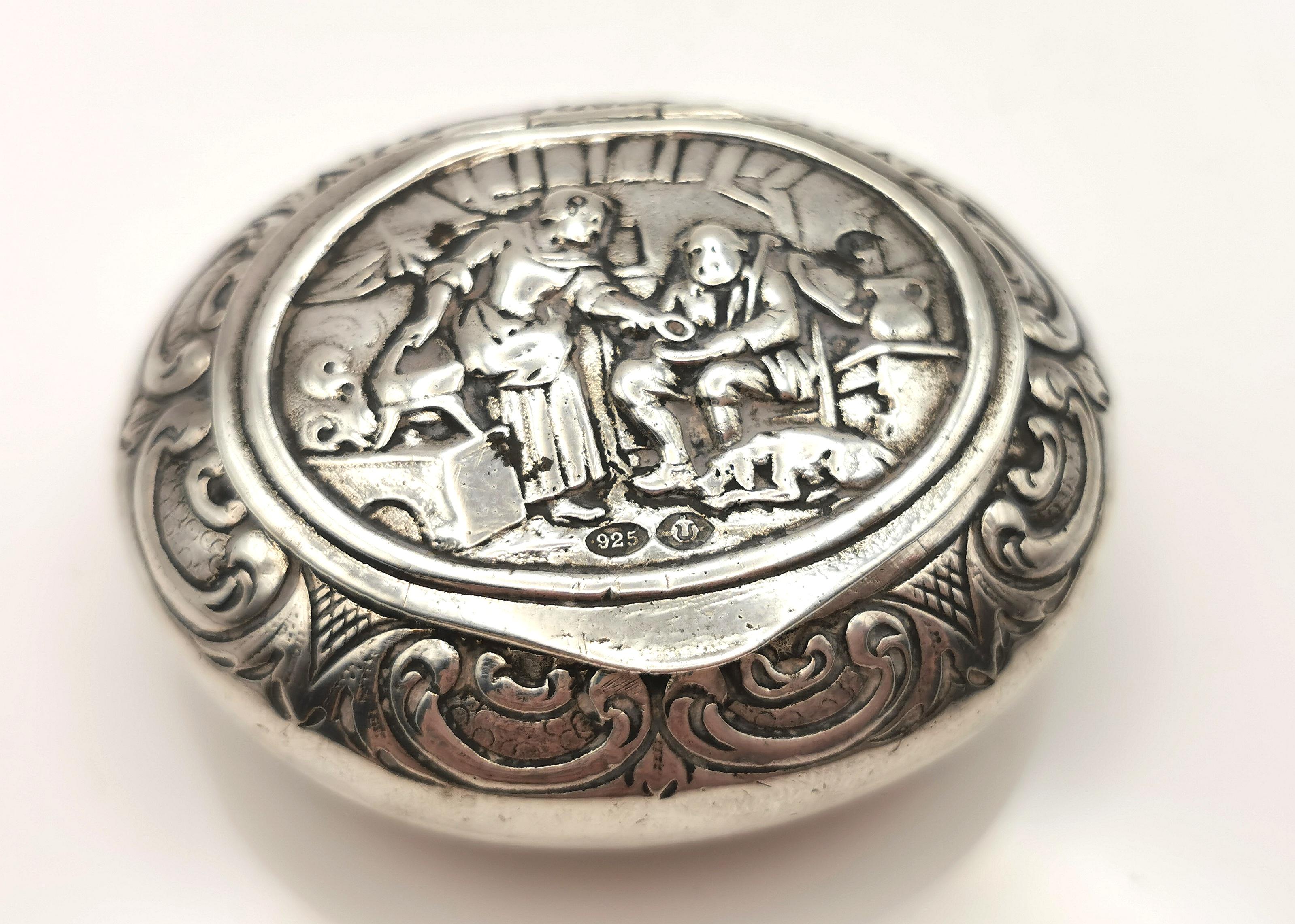 British Antique sterling silver snuff box, Pictorial home scene  For Sale