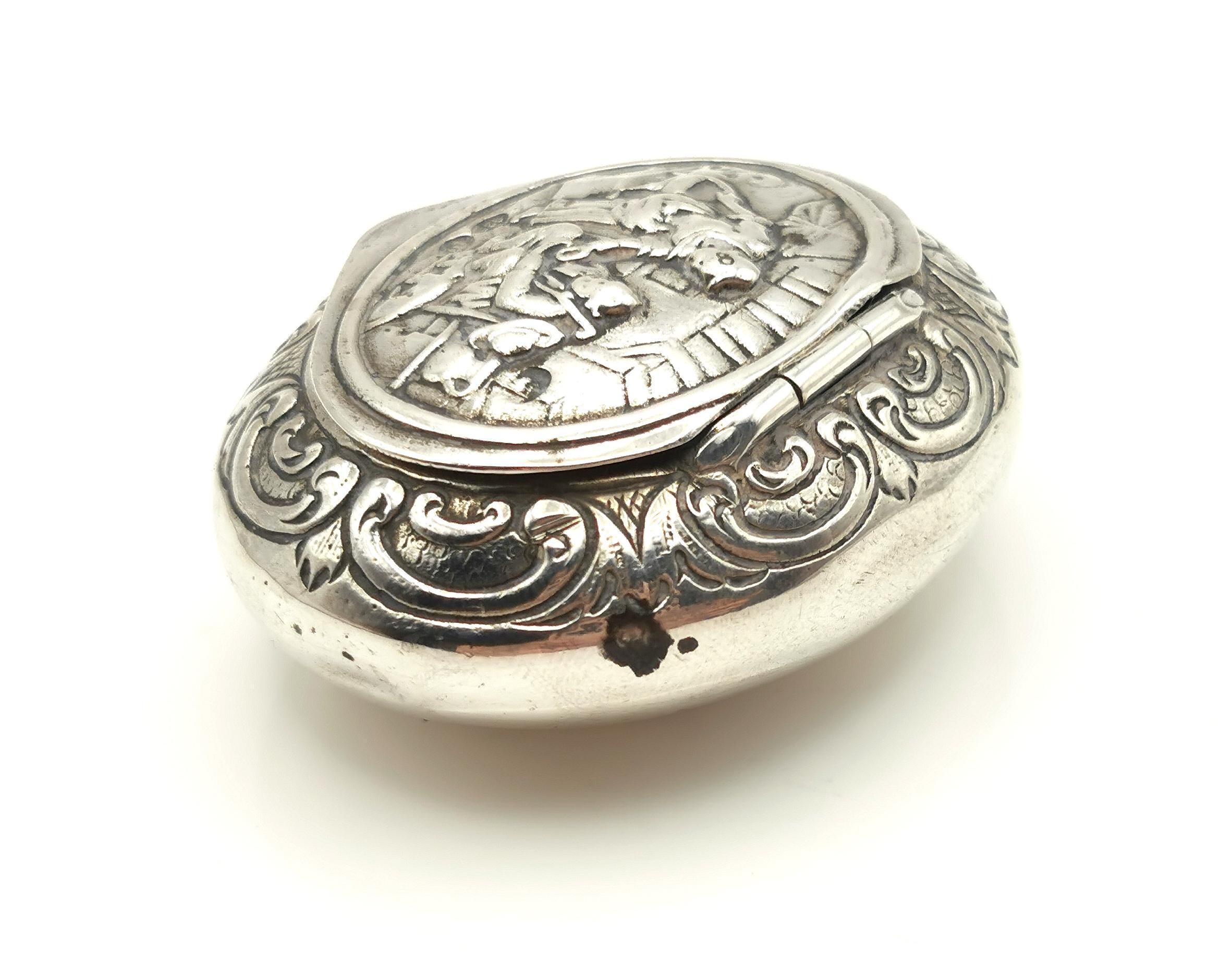 Sterling Silver Antique sterling silver snuff box, Pictorial home scene  For Sale