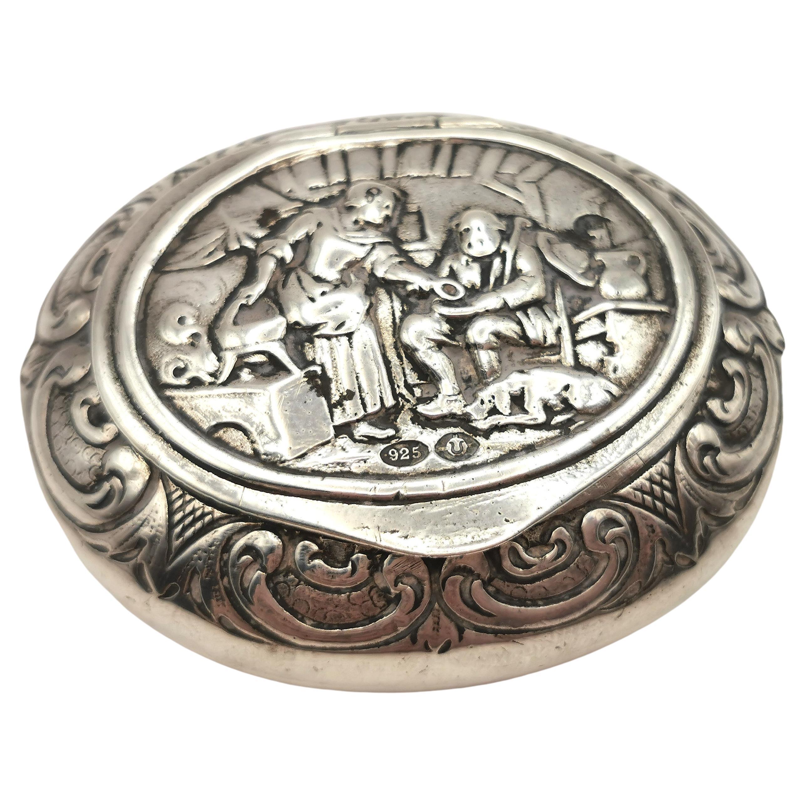 Tabatière en argent sterling antique, scène de maison picturale 