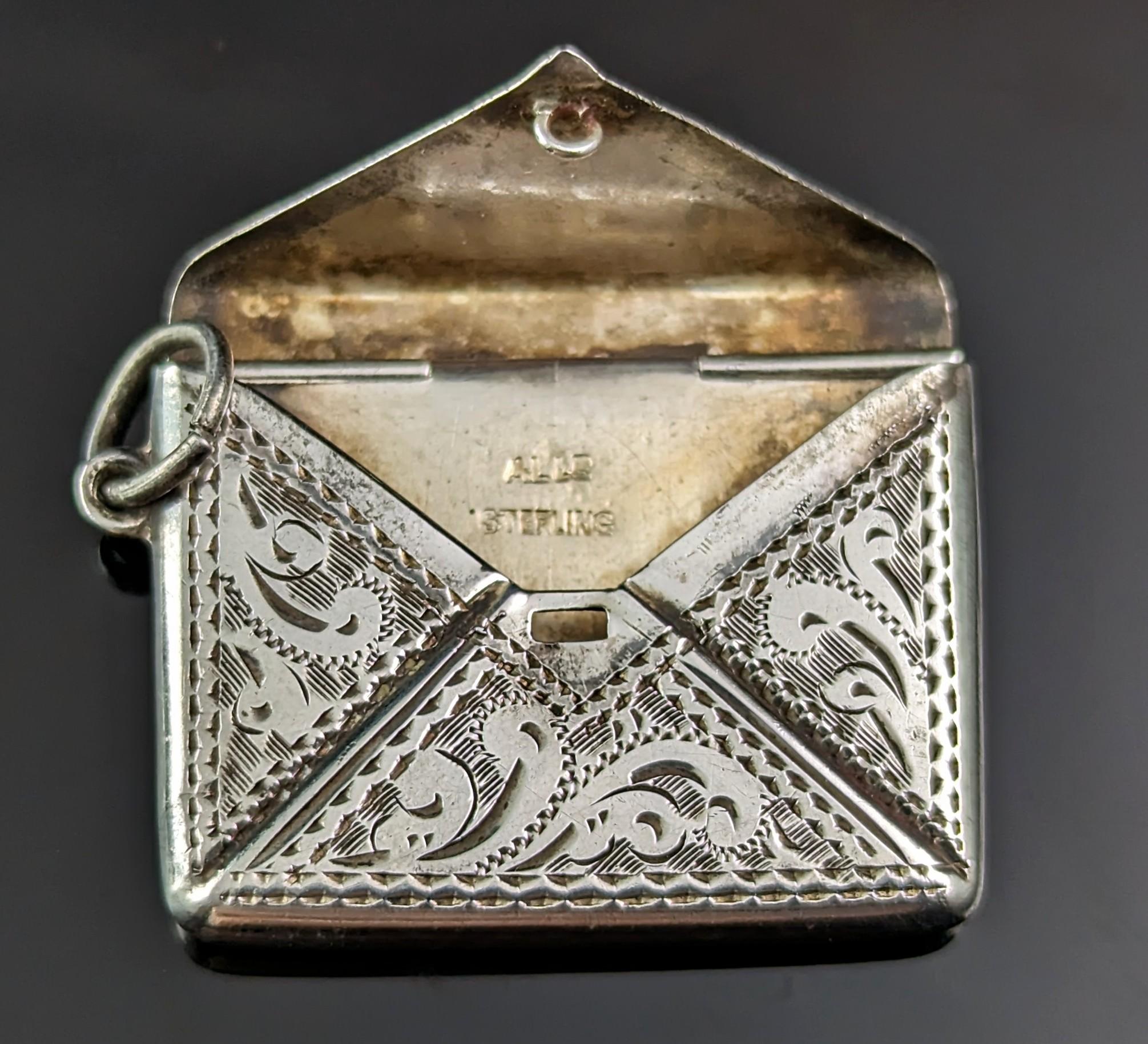 Antique Sterling silver stamp case pendant, Envelope, Edwardian  7