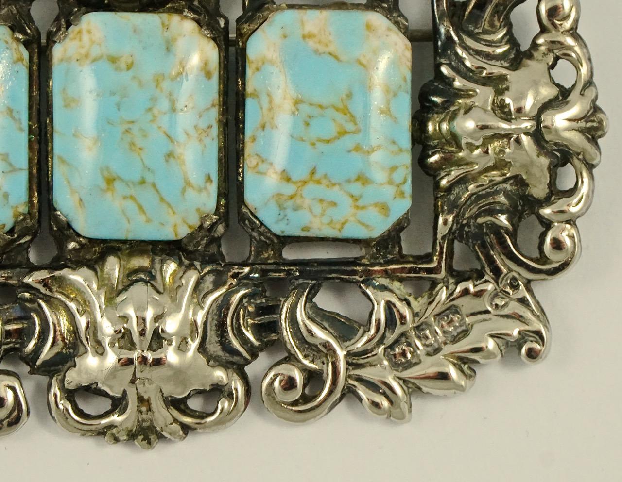 Antique Sterling Silver Statement Brooch with Three Faux Turquoise Stones In Good Condition For Sale In London, GB