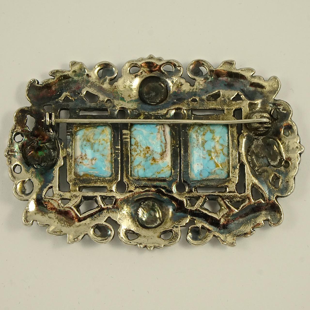 Antique Sterling Silver Statement Brooch with Three Faux Turquoise Stones For Sale 1
