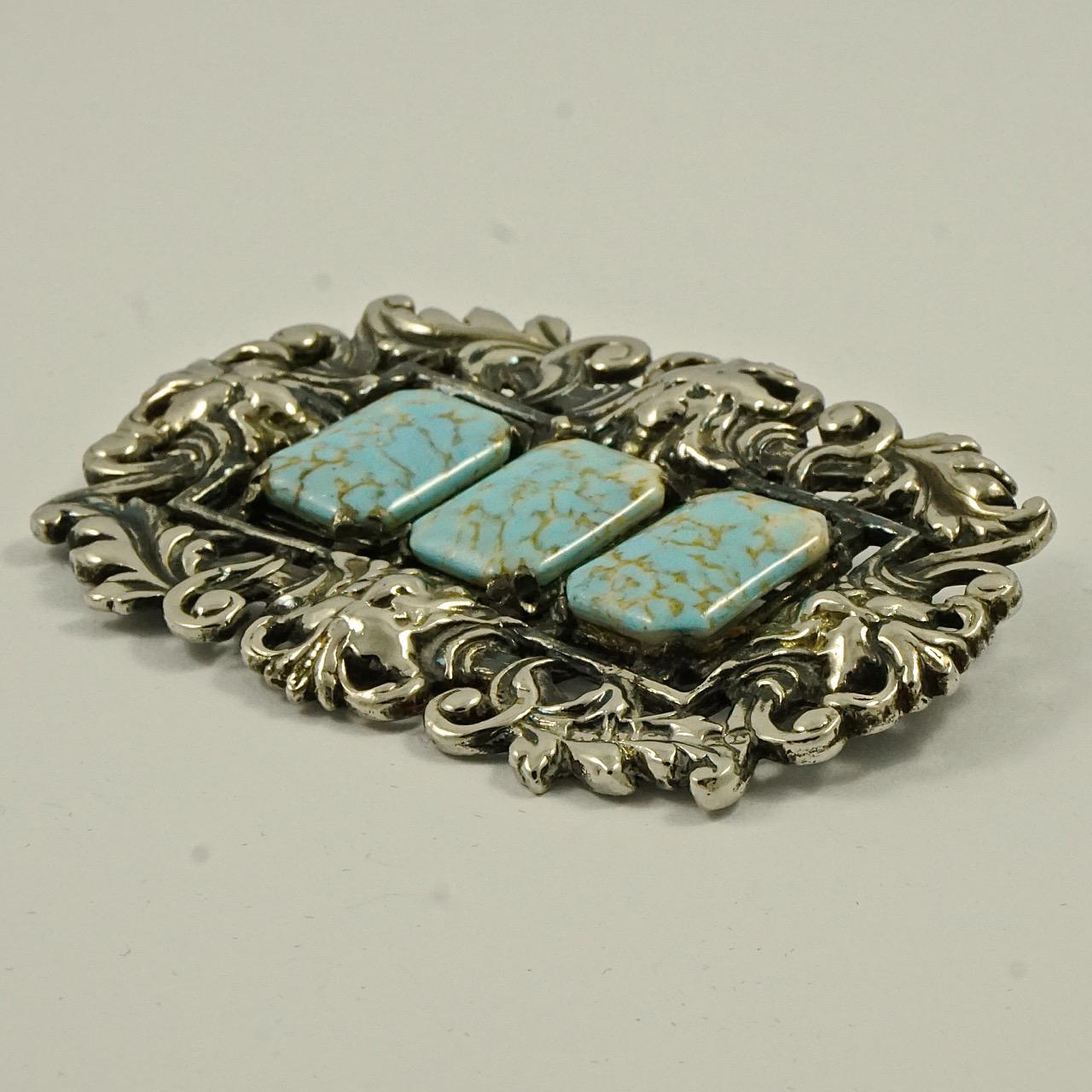Antique Sterling Silver Statement Brooch with Three Faux Turquoise Stones For Sale 2