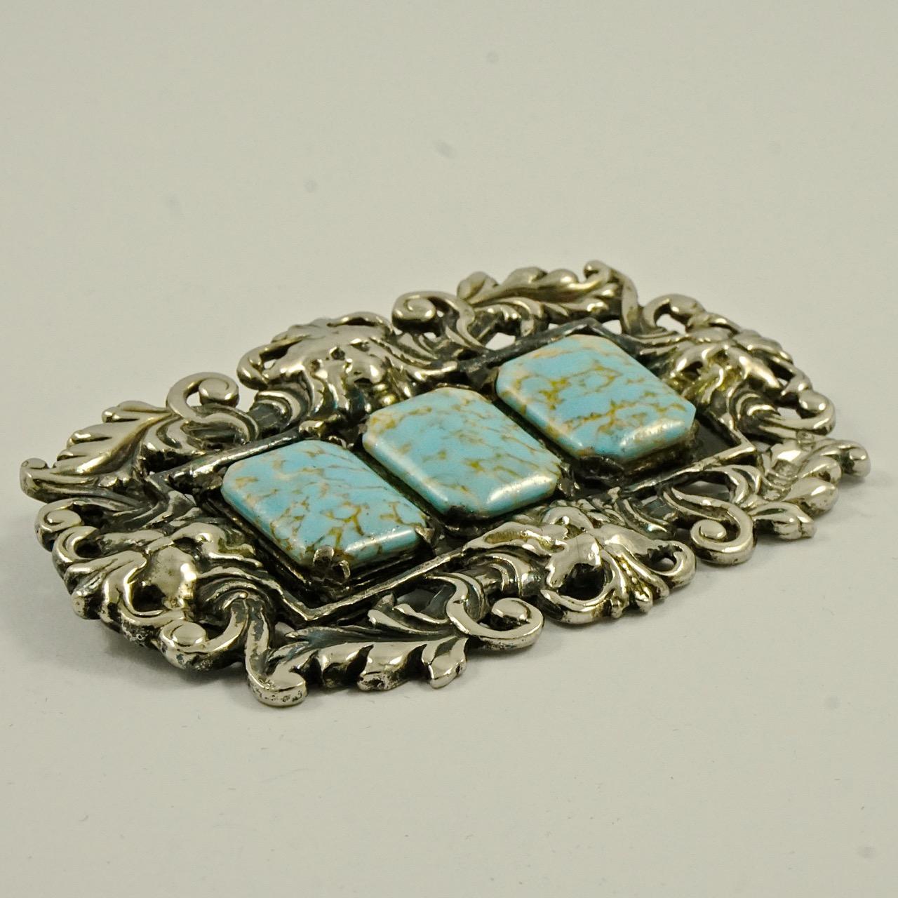 Antique Sterling Silver Statement Brooch with Three Faux Turquoise Stones For Sale 3