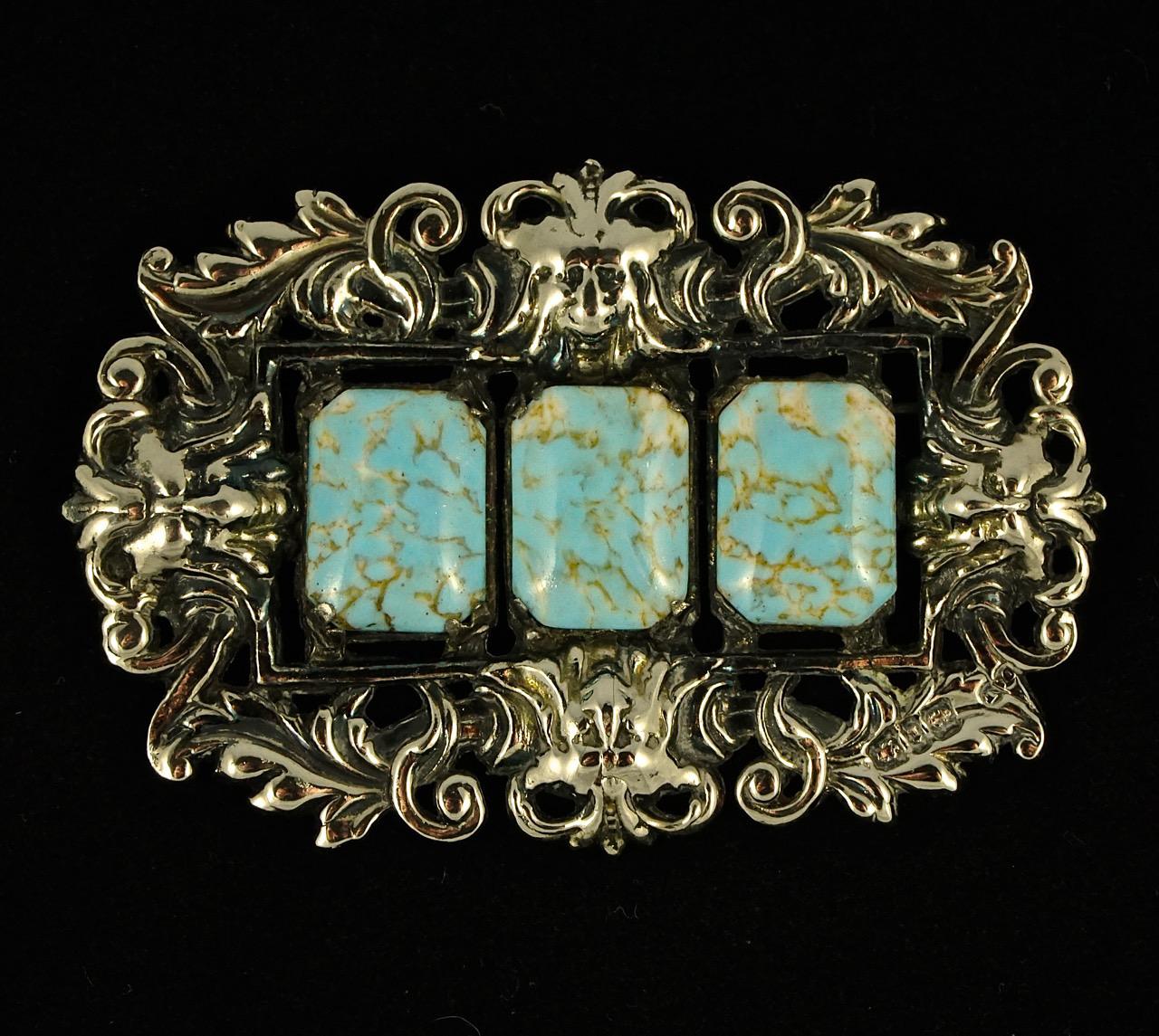 Antique Sterling Silver Statement Brooch with Three Faux Turquoise Stones For Sale 4