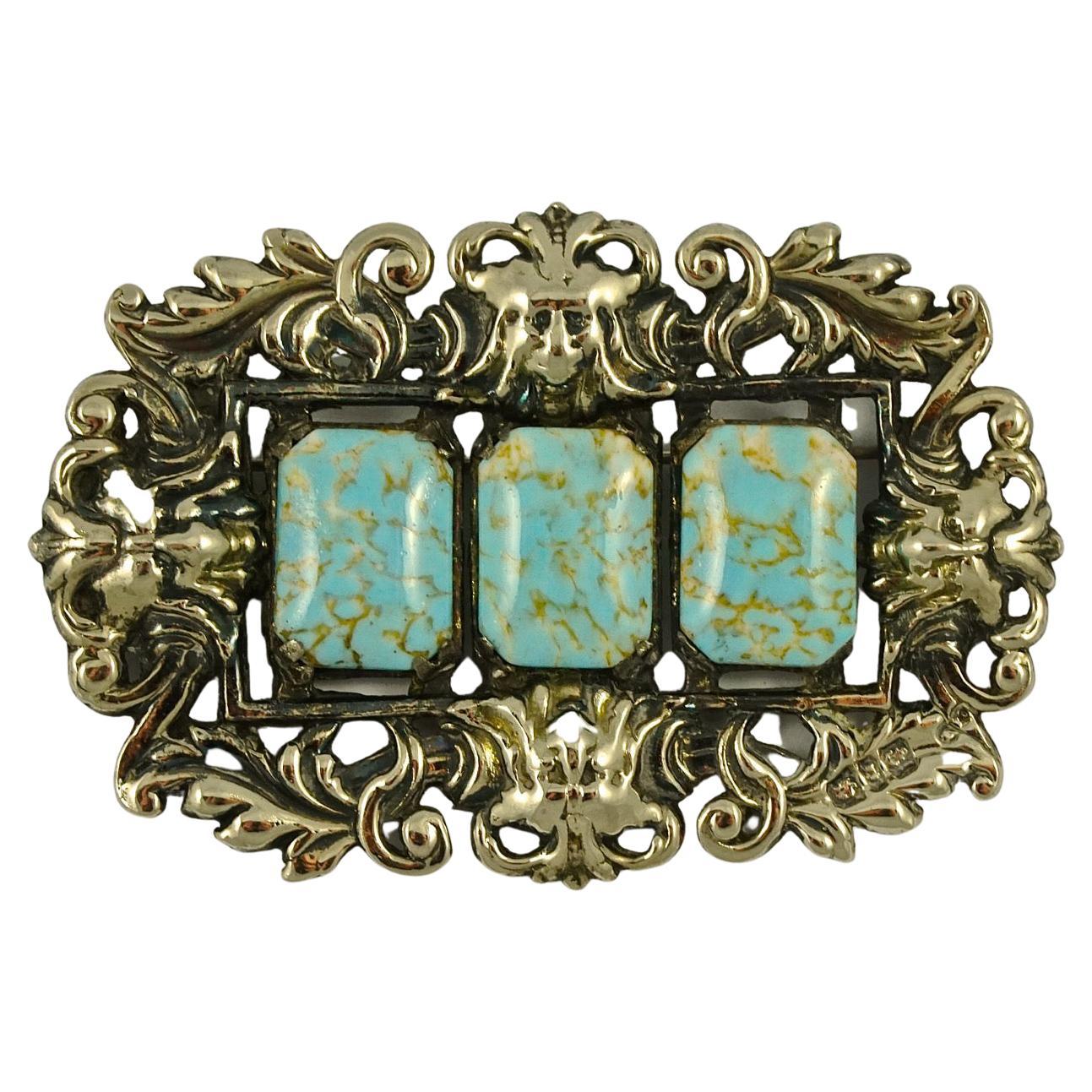 Antique Sterling Silver Statement Brooch with Three Faux Turquoise Stones For Sale