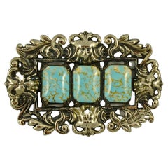 Antique Sterling Silver Statement Brooch with Three Faux Turquoise Stones