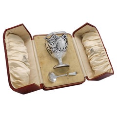 Antique Sterling Silver Sugar Basket & Spoon in Box, London 1914