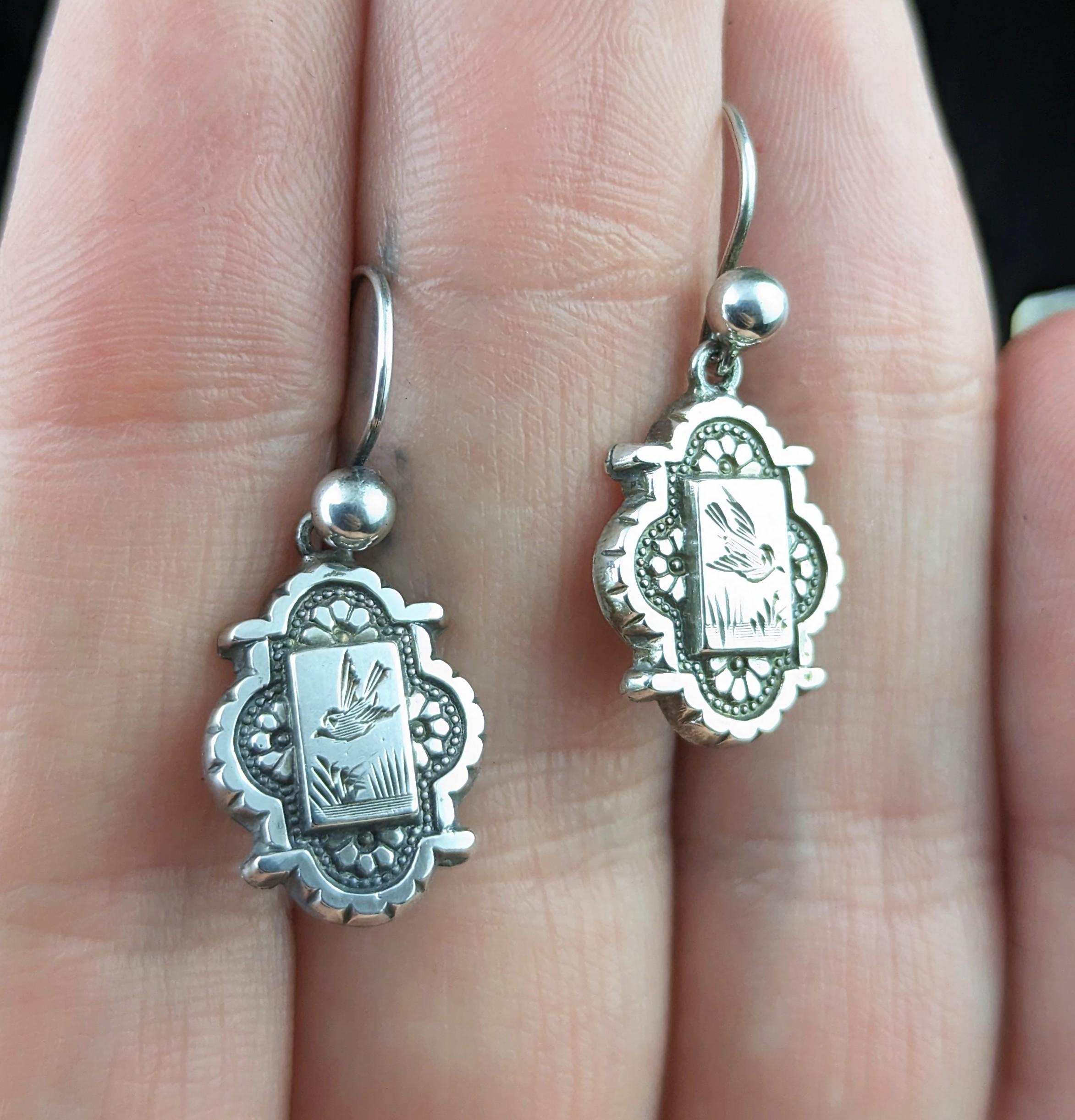 Women's Antique Sterling silver swallow earrings, Aesthetic era 