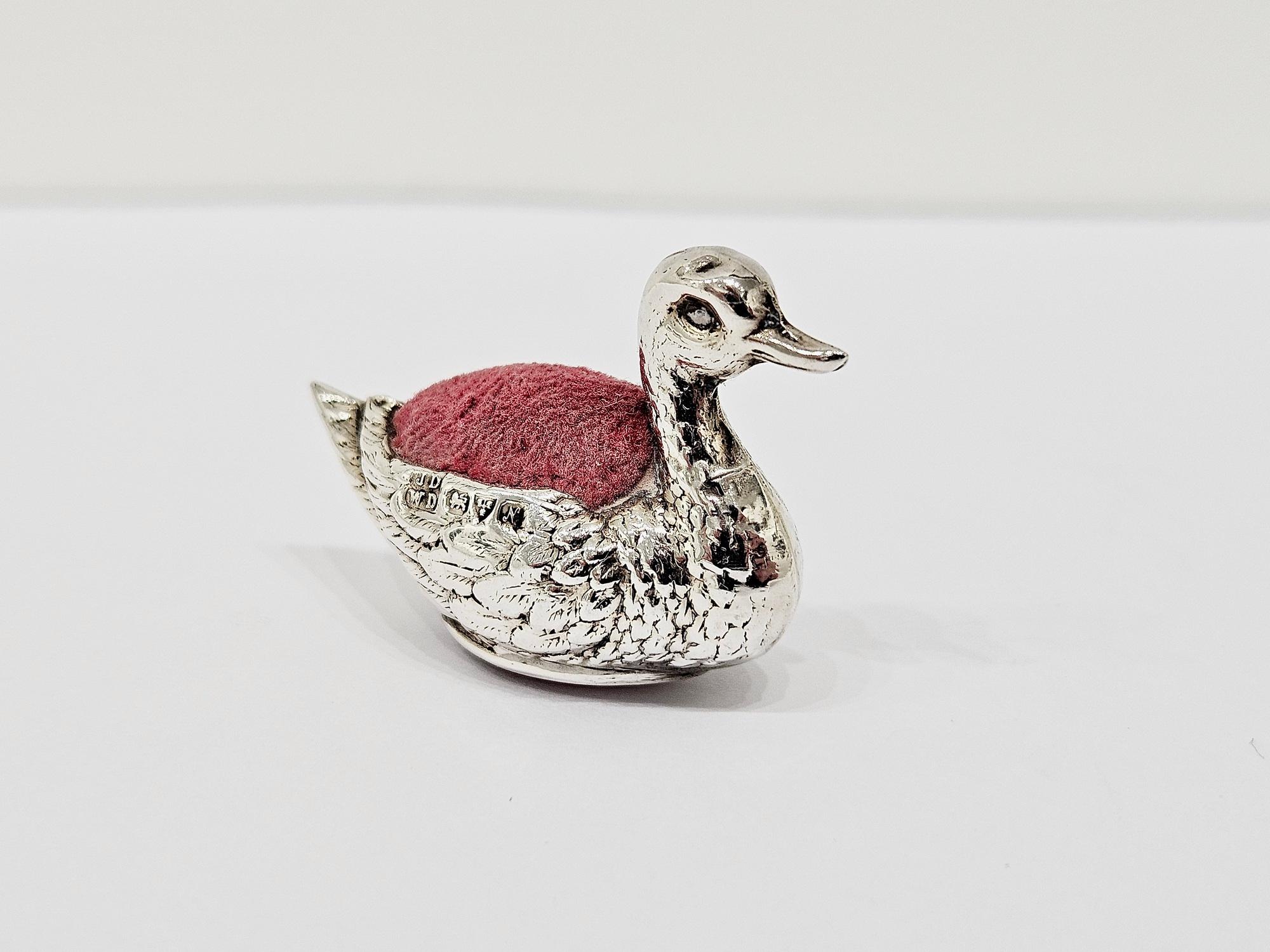 Edwardian Antique Sterling Silver Swan Pin Cushion by James Deakin and Sons, Chester 1913 For Sale