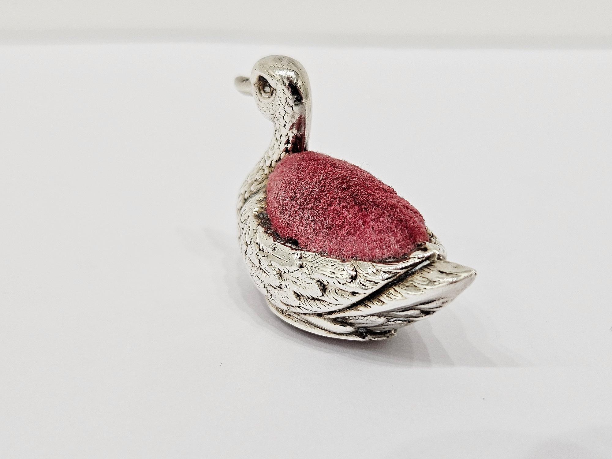 English Antique Sterling Silver Swan Pin Cushion by James Deakin and Sons, Chester 1913 For Sale