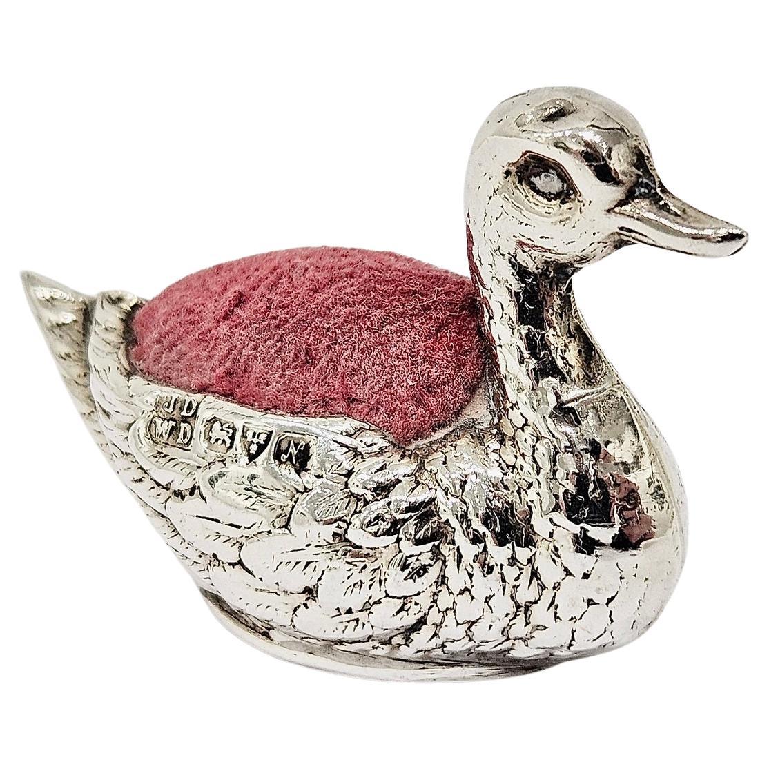 Antique Sterling Silver Swan Pin Cushion by James Deakin and Sons, Chester 1913 For Sale