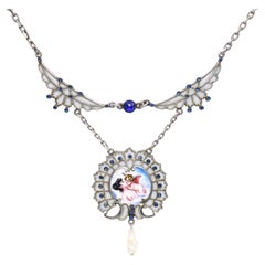 Antique Sterling Silver Synthetic Sapphire Enamel and Natural Pearl Necklace