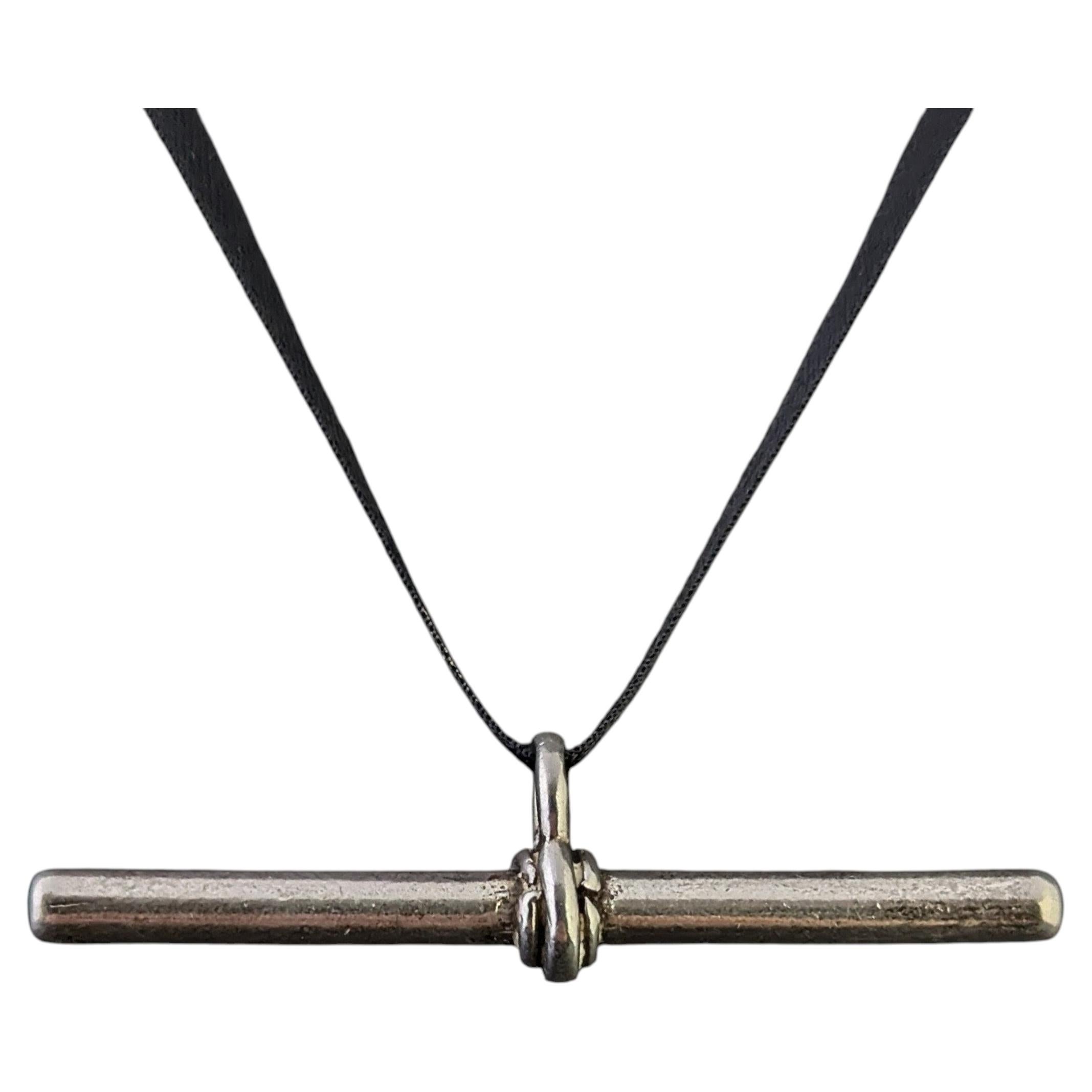 Antique sterling silver T bar pendant, Large For Sale