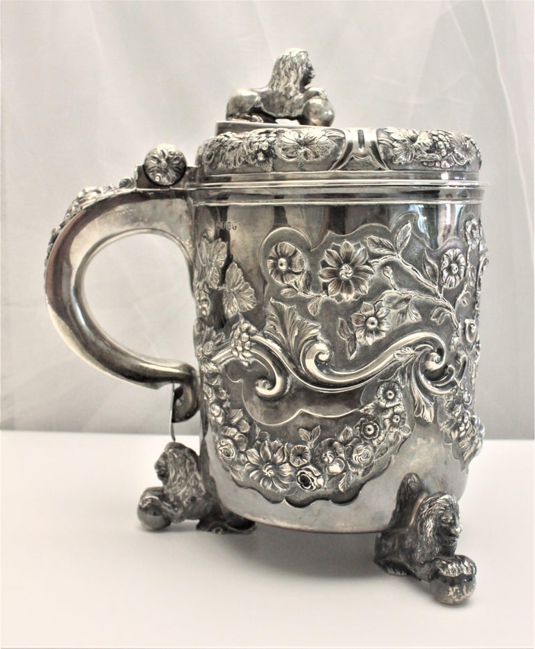 Large Antique Sterling Silver Tankard Ice Bucket with Figural Lion Accents  For Sale at 1stDibs