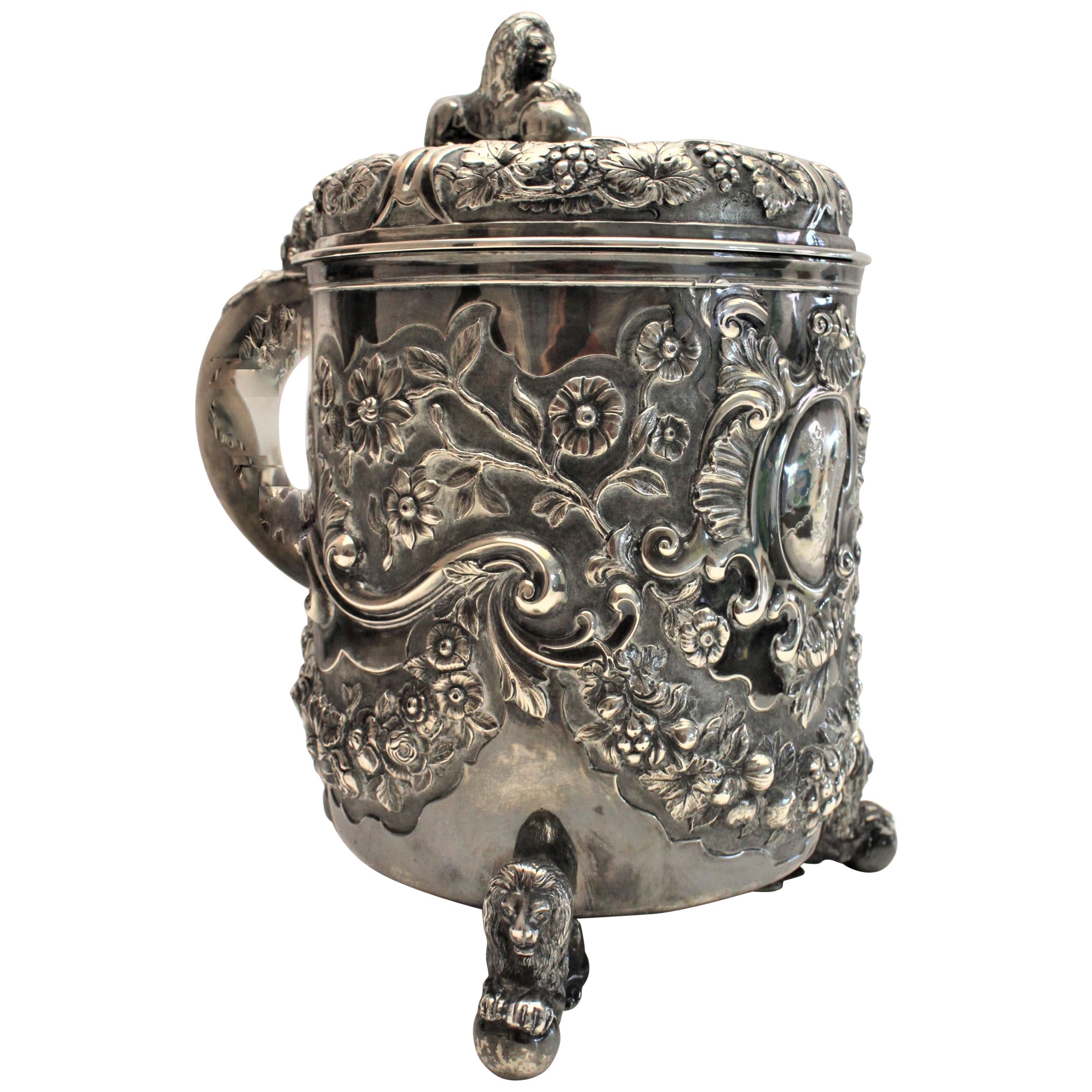Large Antique Sterling Silver Tankard Ice Bucket with Figural Lion Accents