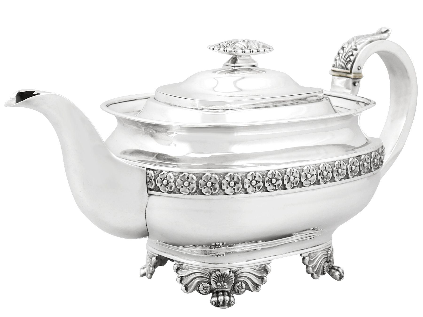 Embossed Antique English Sterling Silver Three-Piece Tea Service in the Regency Style For Sale