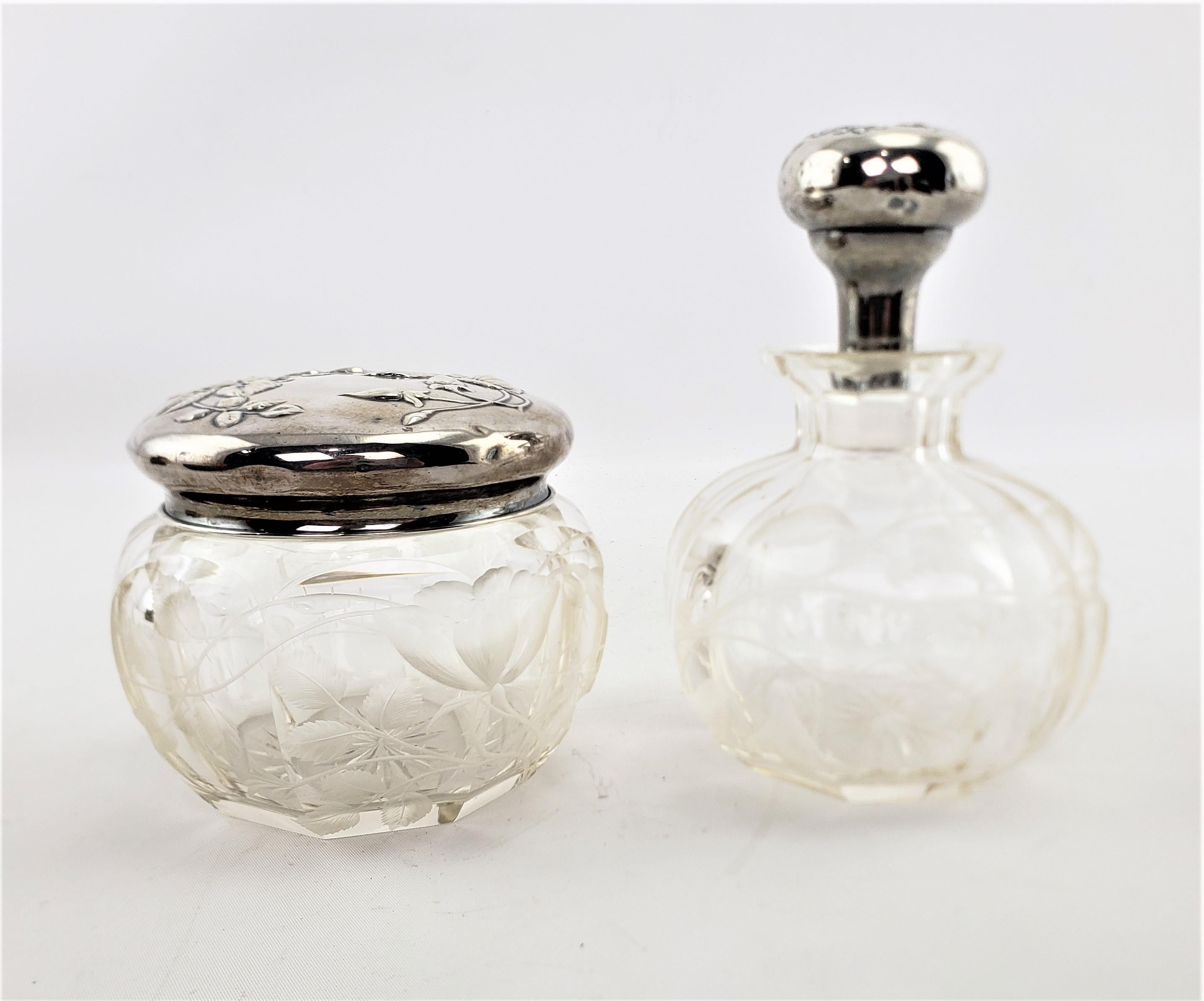 Victorian Antique Sterling Silver Topped Dresser Bottle & Jar Set with Etched Decoration For Sale