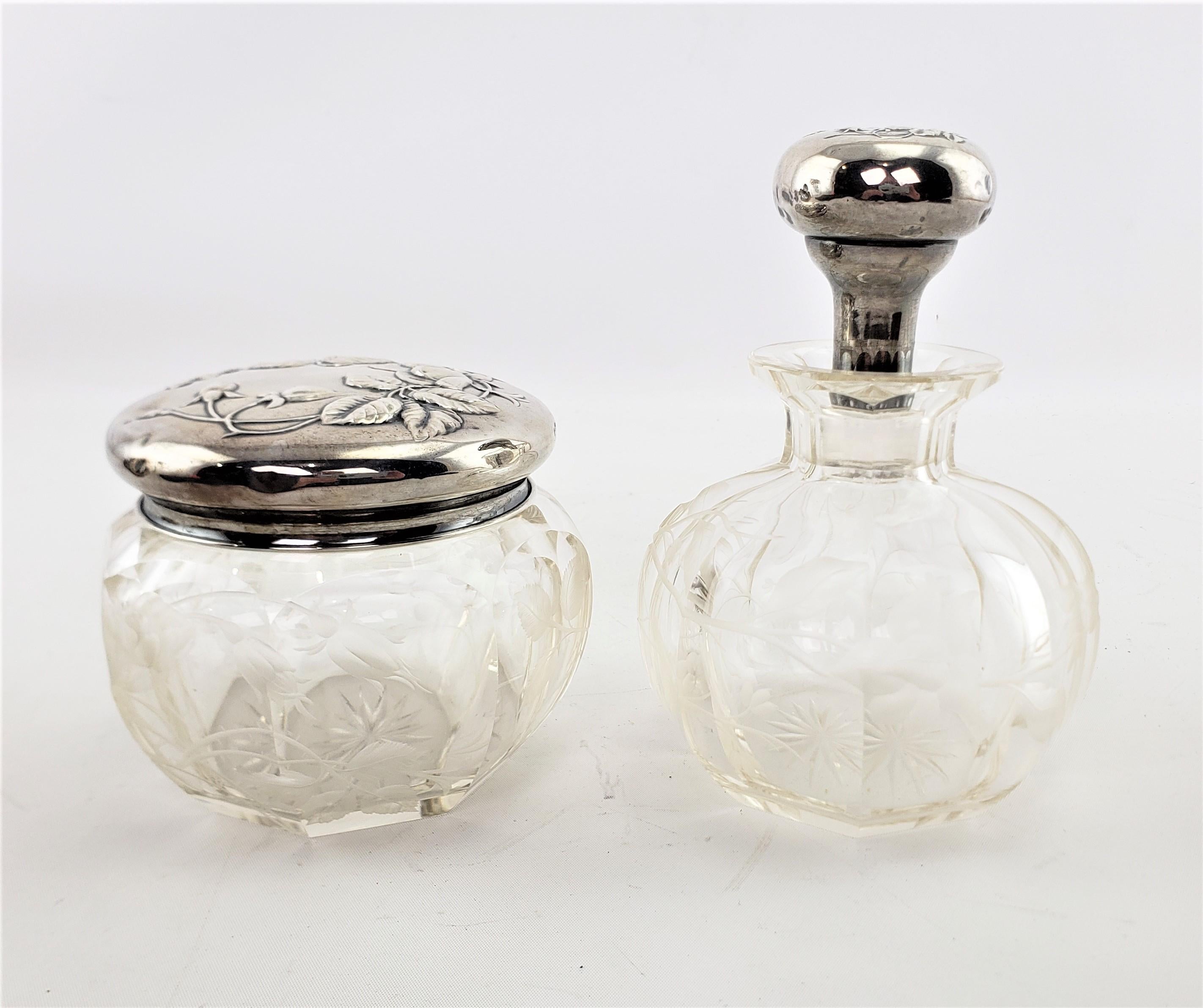 English Antique Sterling Silver Topped Dresser Bottle & Jar Set with Etched Decoration For Sale