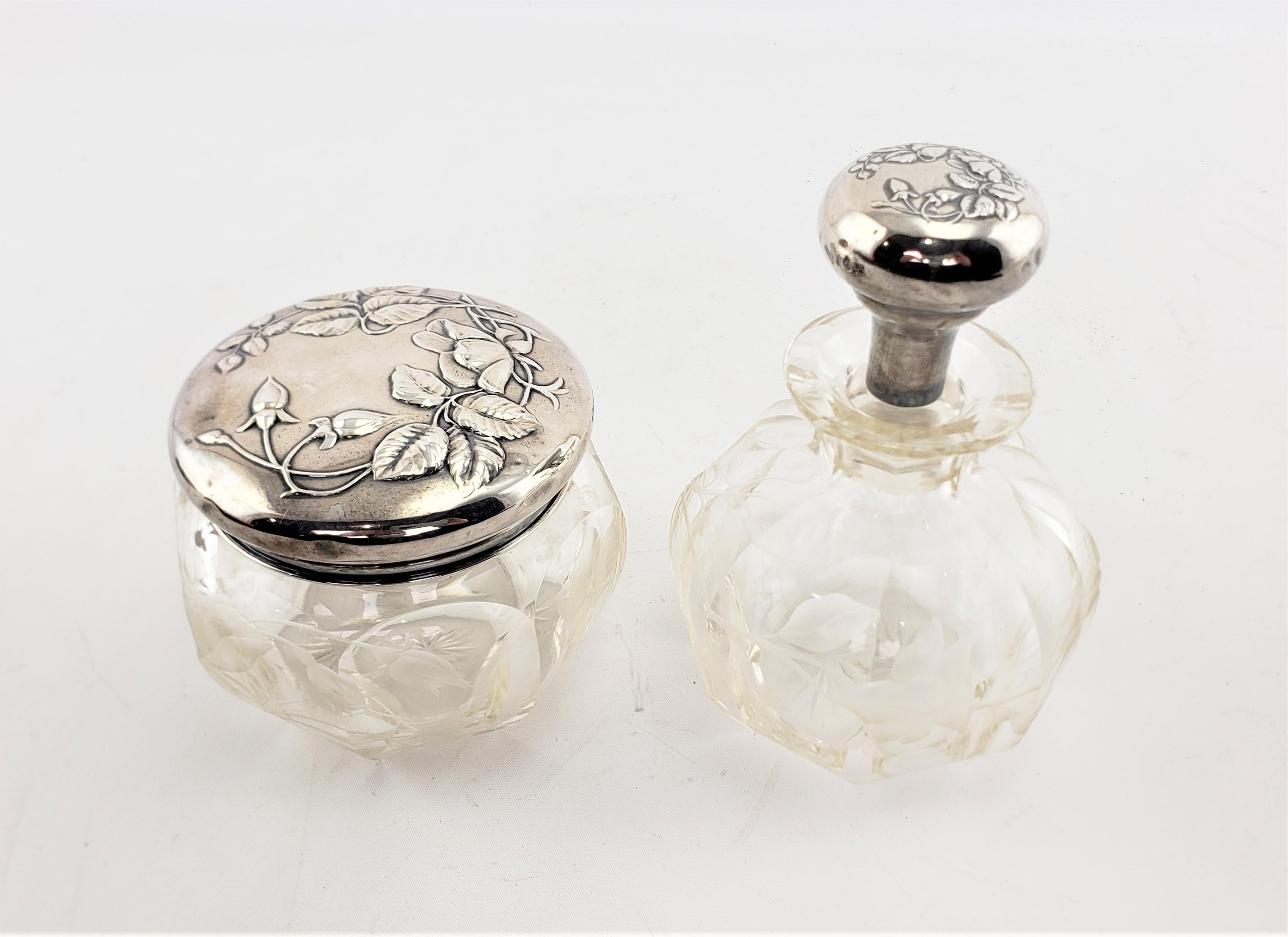Antique Sterling Silver Topped Dresser Bottle & Jar Set with Etched Decoration In Good Condition For Sale In Hamilton, Ontario