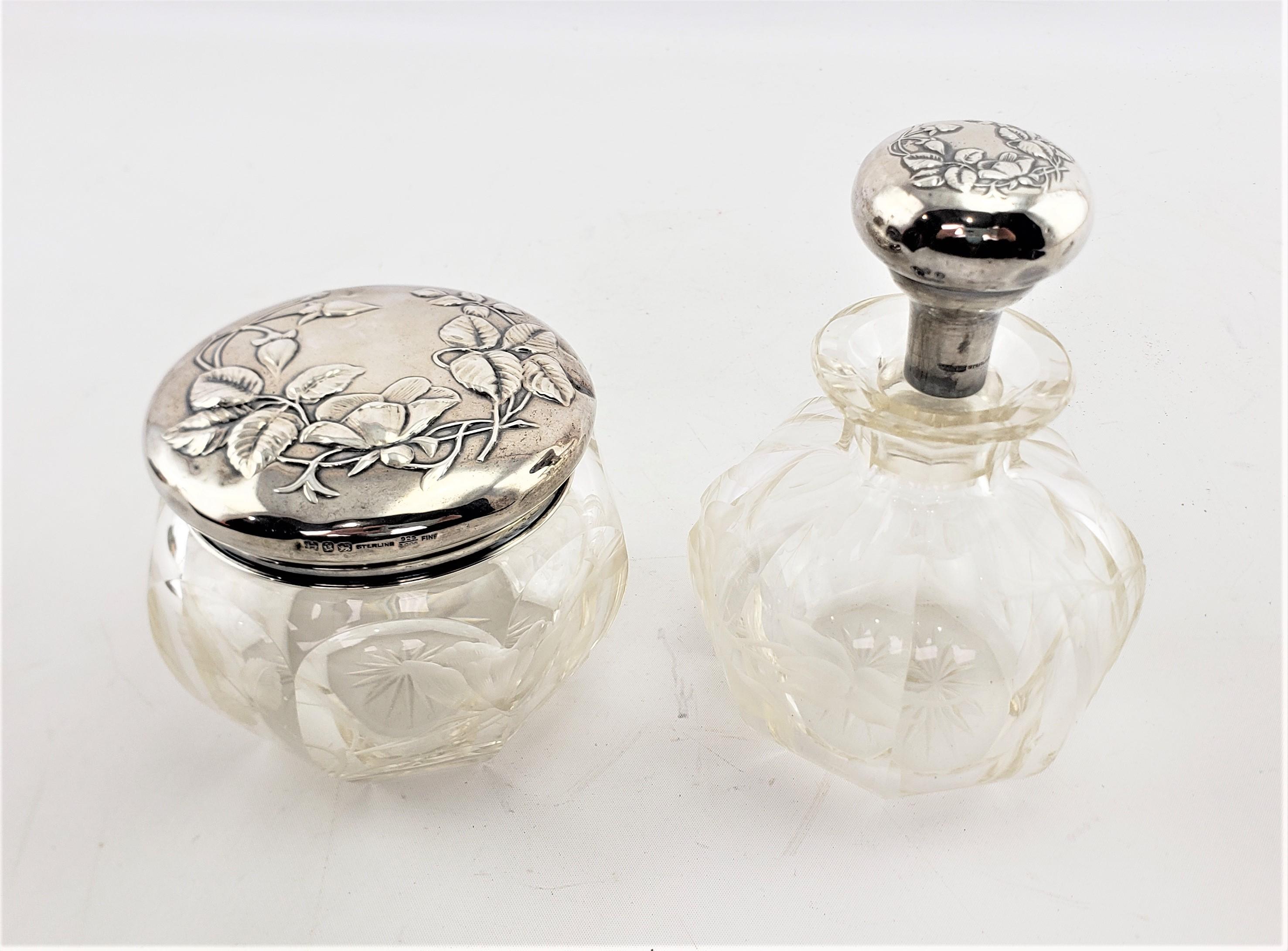 19th Century Antique Sterling Silver Topped Dresser Bottle & Jar Set with Etched Decoration For Sale