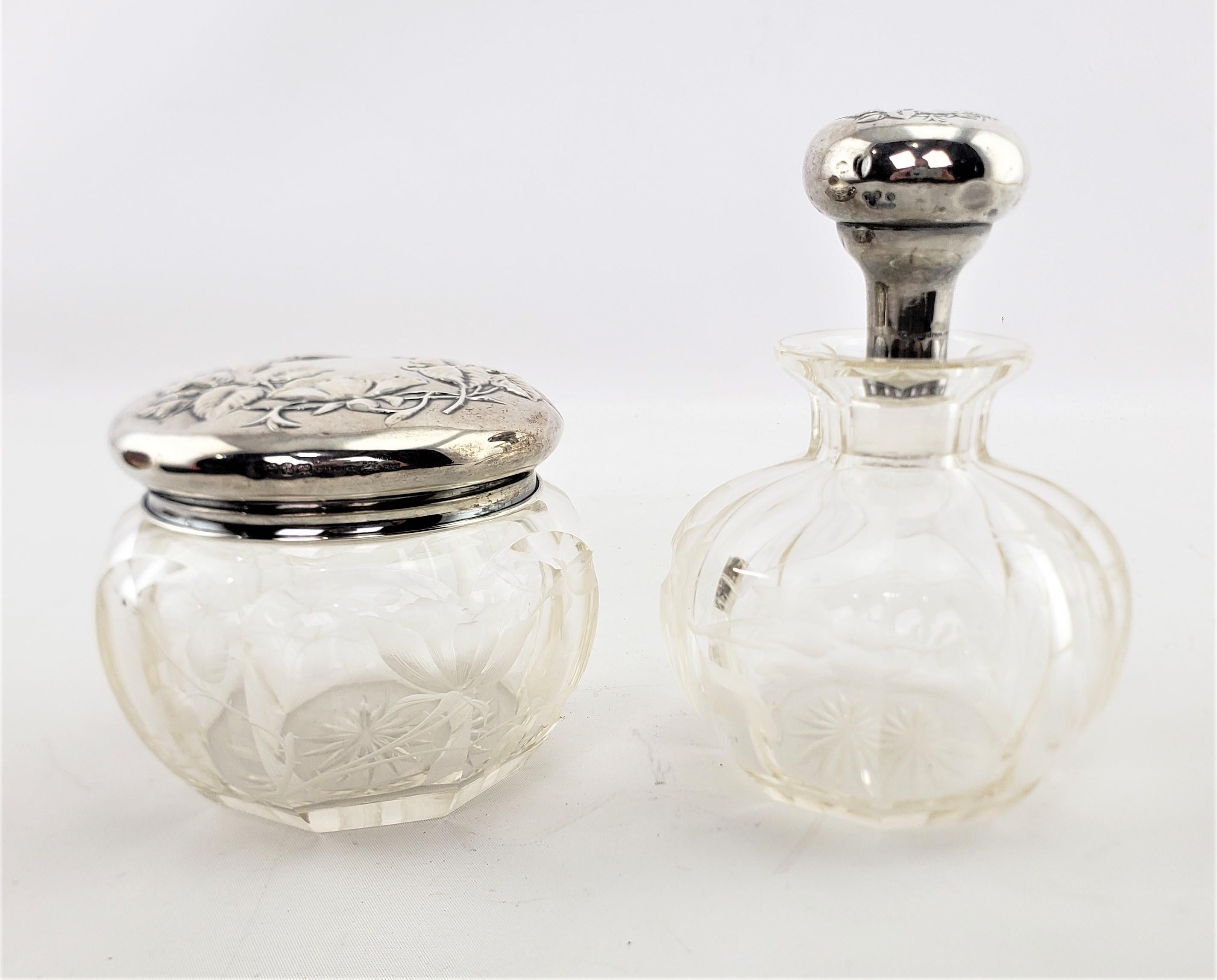 Antique Sterling Silver Topped Dresser Bottle & Jar Set with Etched Decoration For Sale 1
