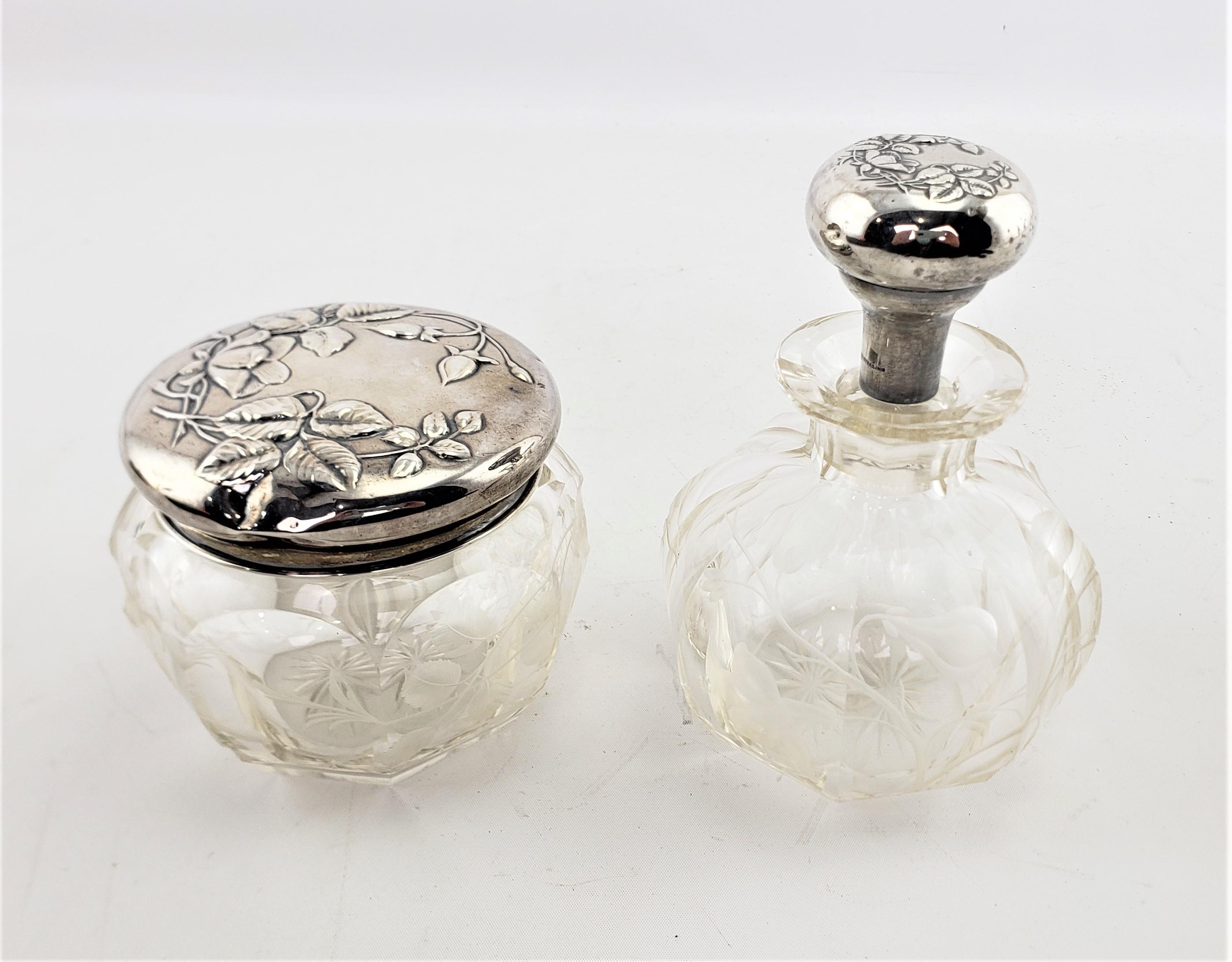 Antique Sterling Silver Topped Dresser Bottle & Jar Set with Etched Decoration For Sale 2