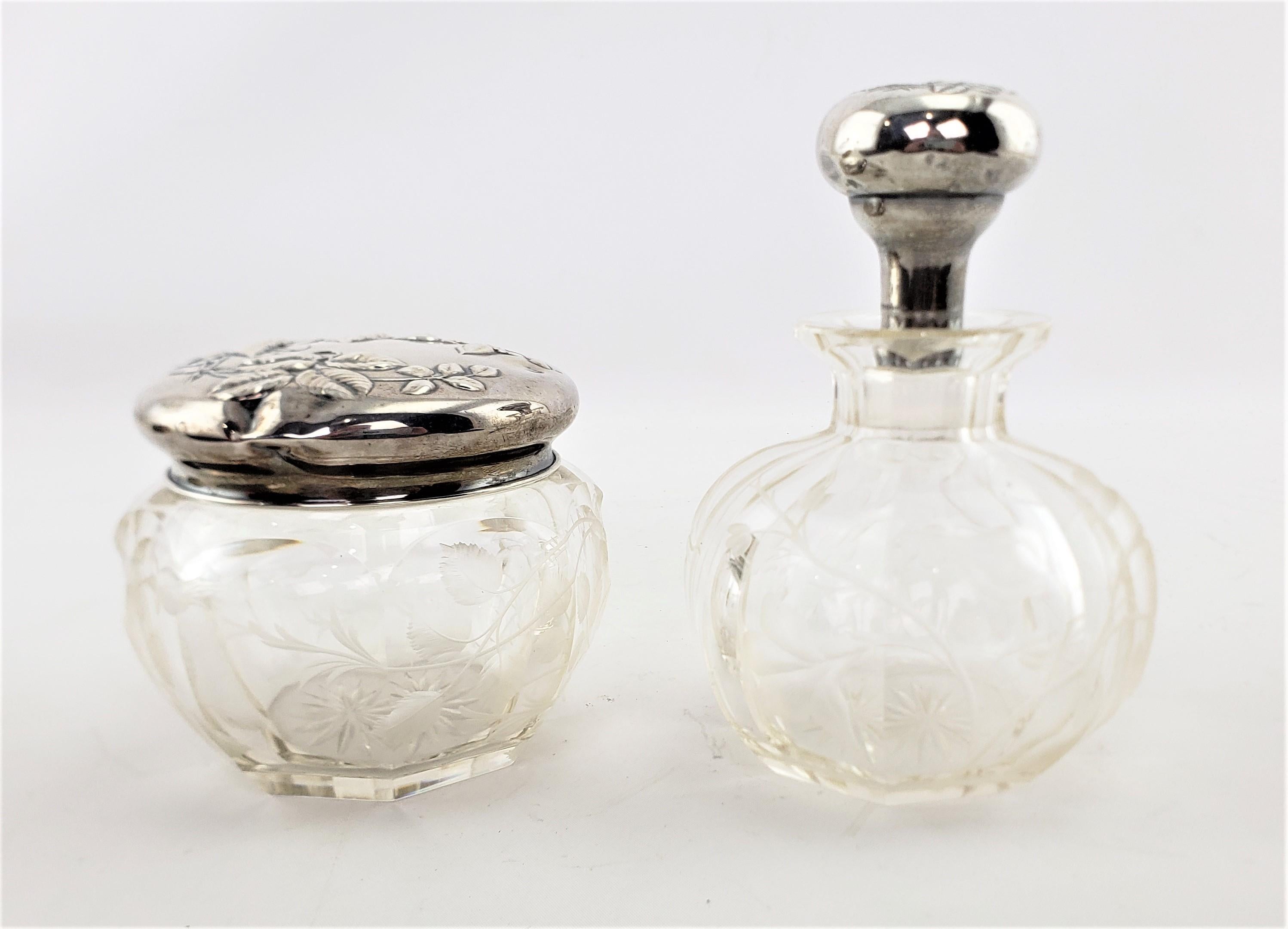 Antique Sterling Silver Topped Dresser Bottle & Jar Set with Etched Decoration For Sale 3