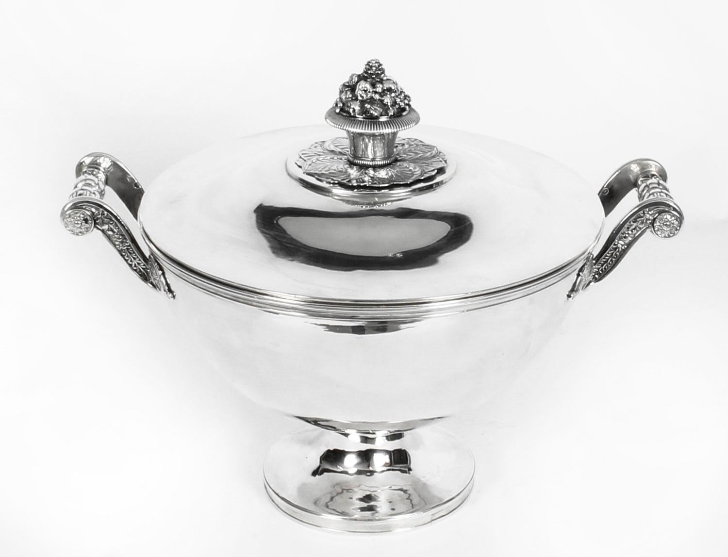 This is a magnificent antique French sterling silver soup tureen and lid, retailed by Bulgari Rome with hallmarks for the maker Marc Jacquard and circa 1810 in date.
 
This round Silver Serving Tureen has Rococo elements perfectly accenting the