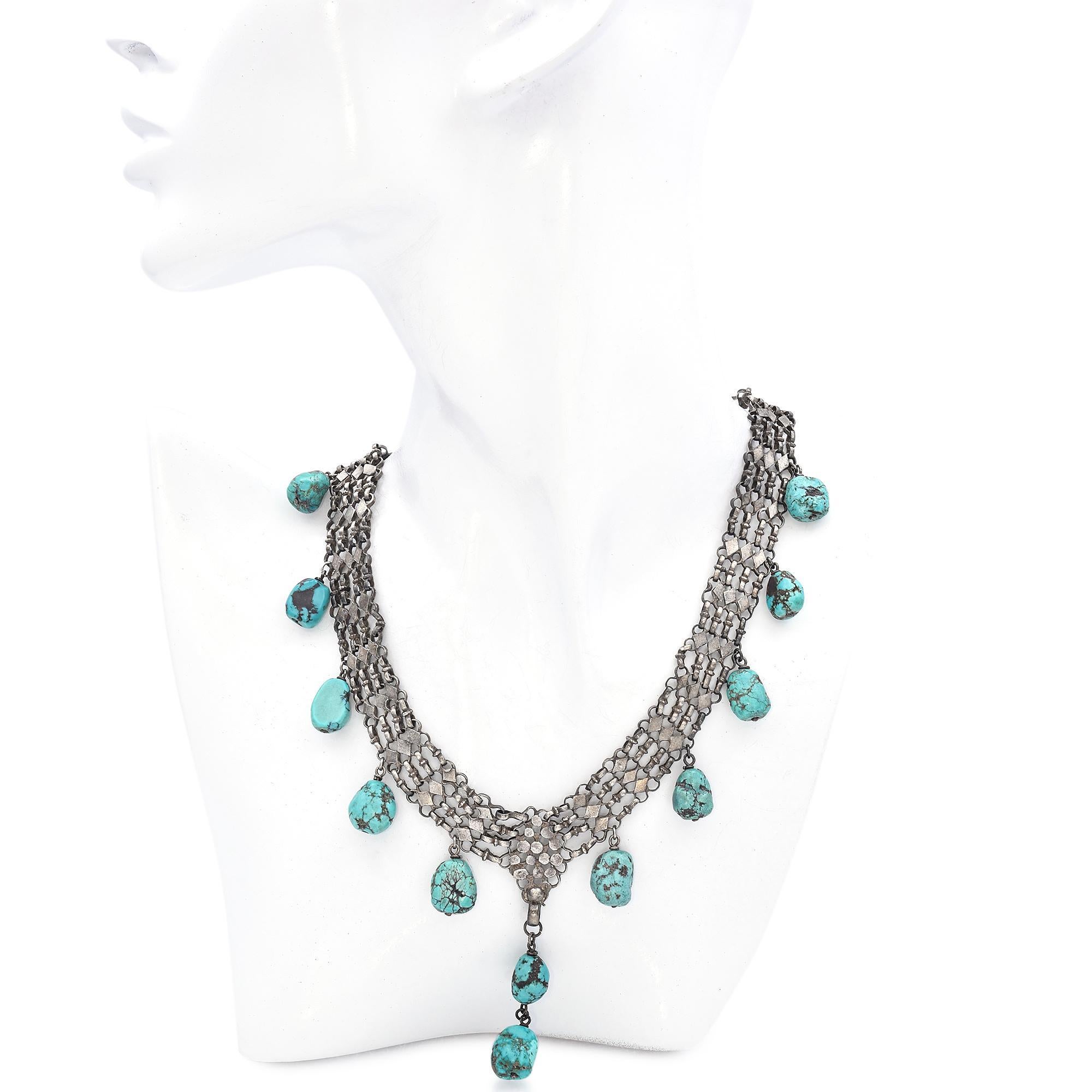Burattato Collana a lampadario con filigrana di turchese in argento sterling antico in vendita