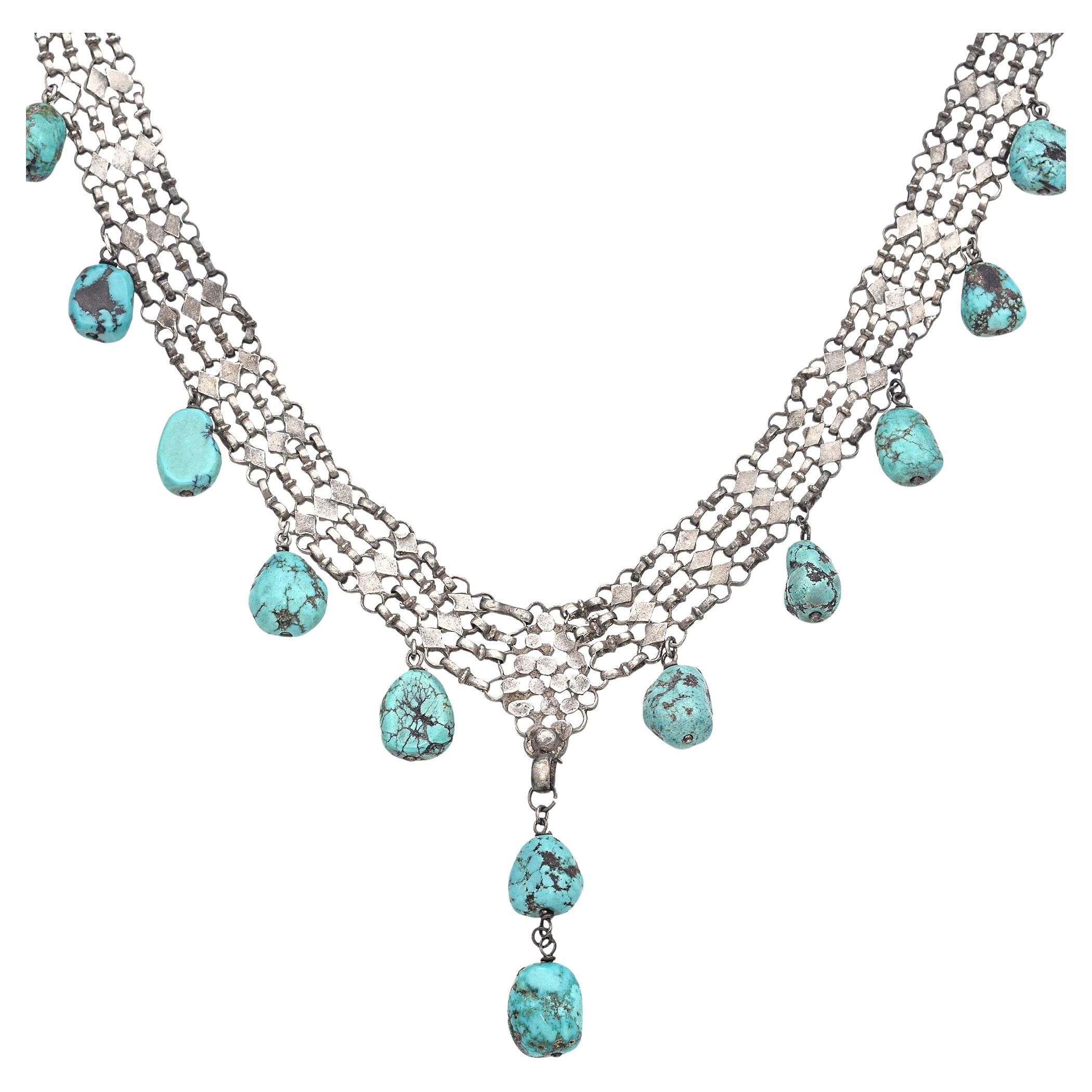 Antique Sterling Silver Turquoise Filigree Lattice Chandelier Necklace
