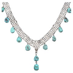Antique Sterling Silver Turquoise Filigree Lattice Chandelier Necklace