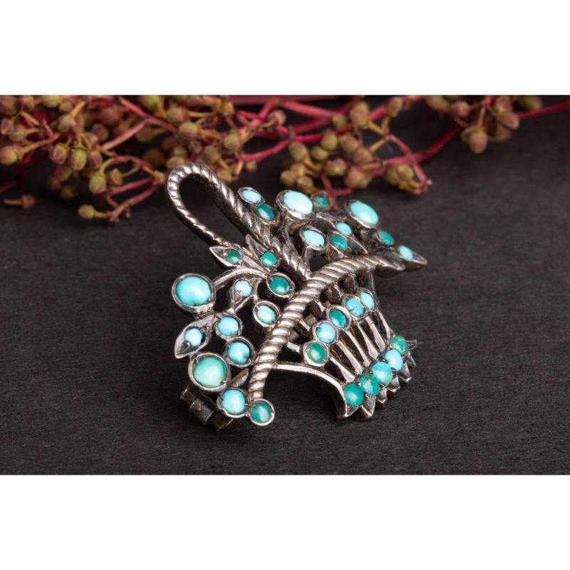 Victorian Antique Sterling Silver Turquoise Giardinetti Brooch