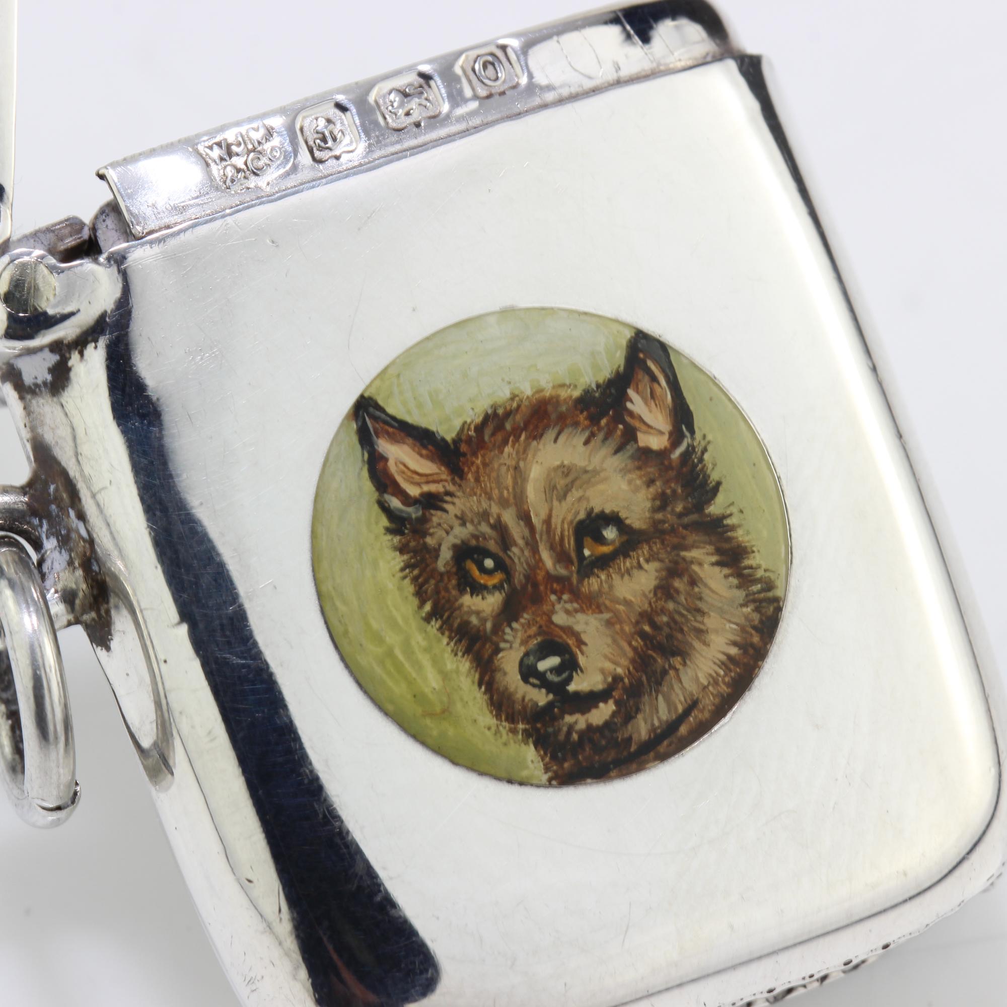 Edwardian Antique Sterling Silver Vesta Case with Enamel Portrait of Dog, W J Myatt & Co For Sale