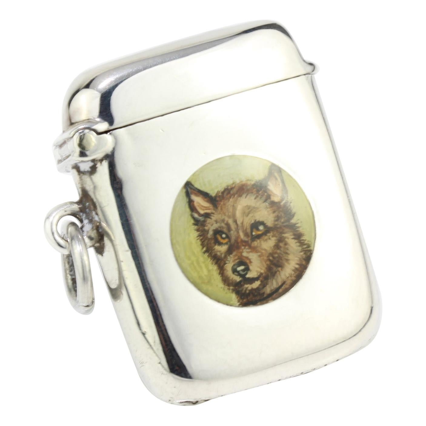 Antique Sterling Silver Vesta Case with Enamel Portrait of Dog, W J Myatt & Co