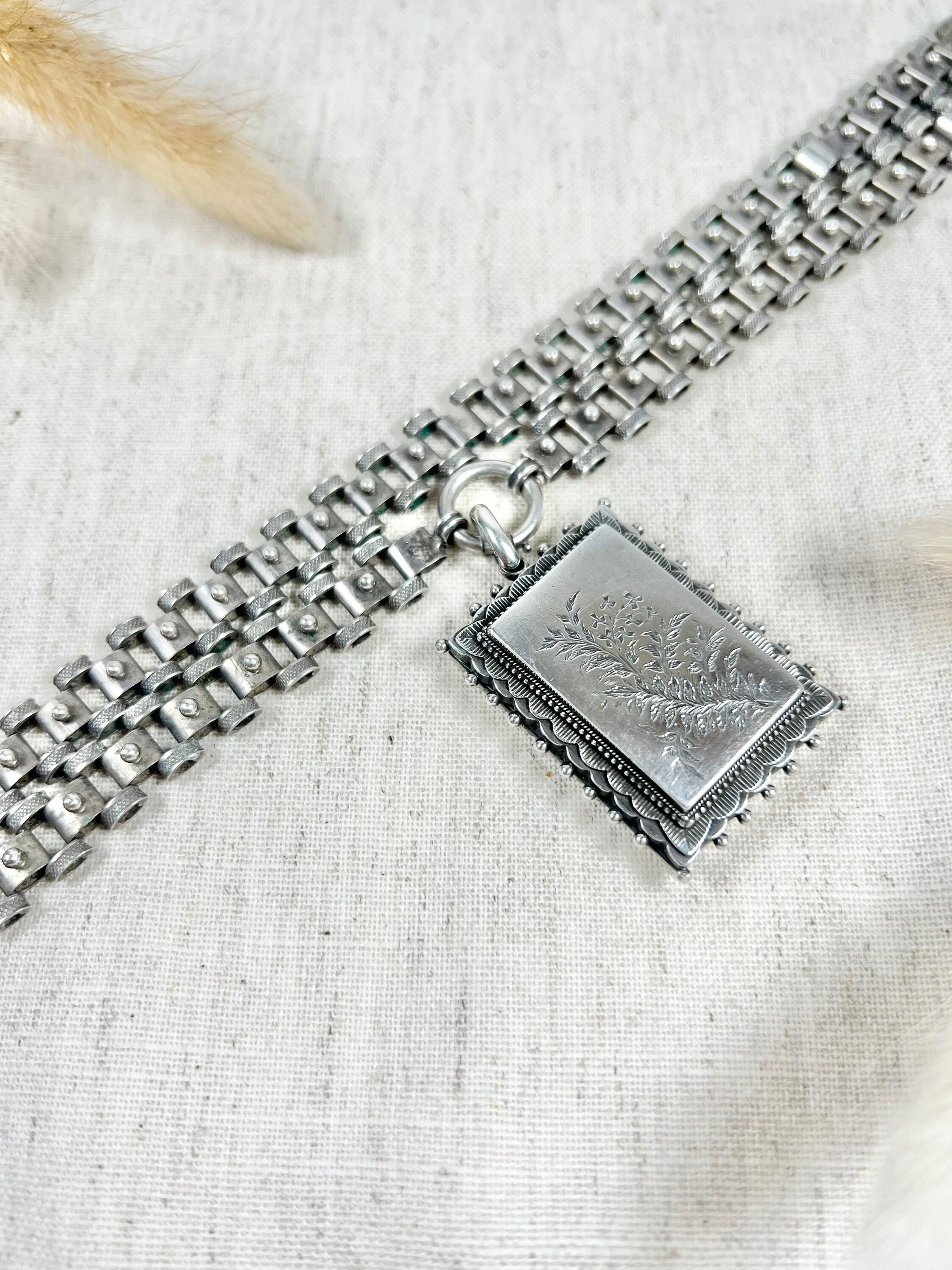 Women's or Men's Antique Sterling Silver Victorian Book Chain & Rectangular Locket Necklace For Sale