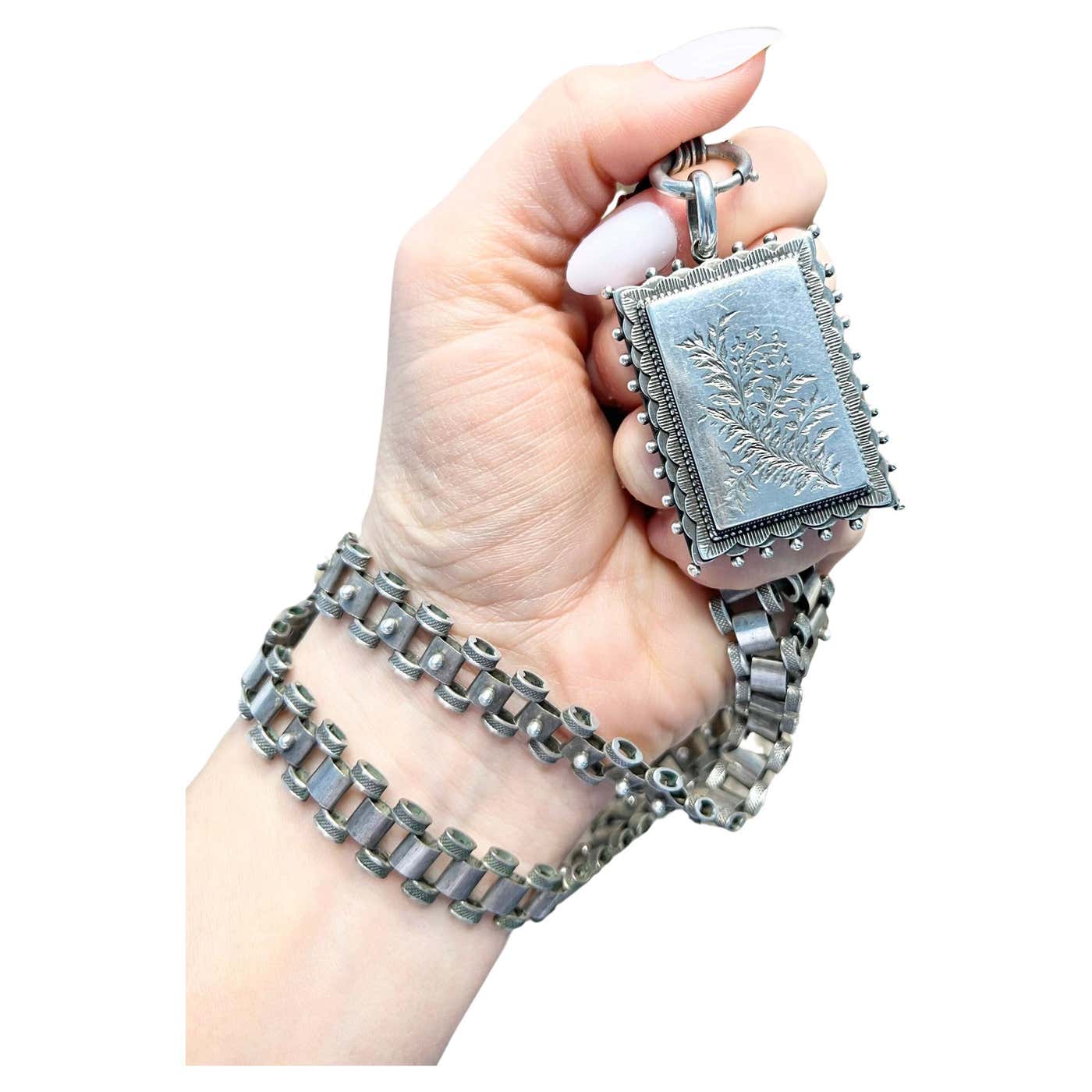 Delicate Book Chain Antique Sterling Silver Victorian Book Chain and Rectangular Locket ...