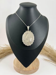 Antique Sterling Silver Victorian Large Oval Engraved Aesthetic Bird Locket