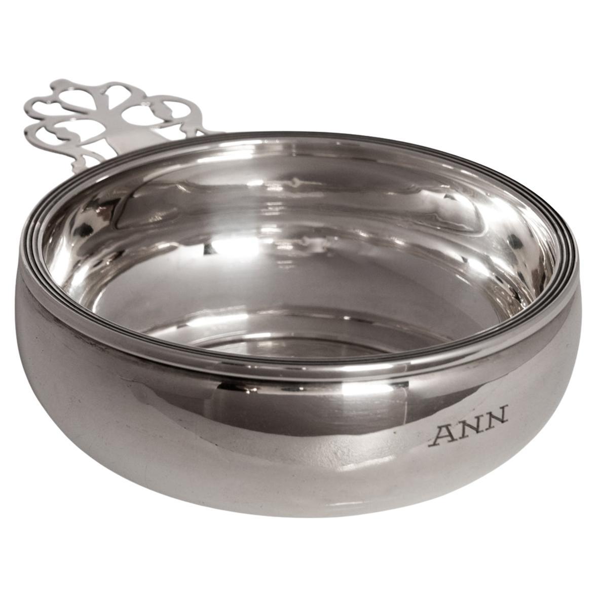 Porrón de vino antiguo de plata de ley grabado "Ann" Ellmore Silver Co. 1930